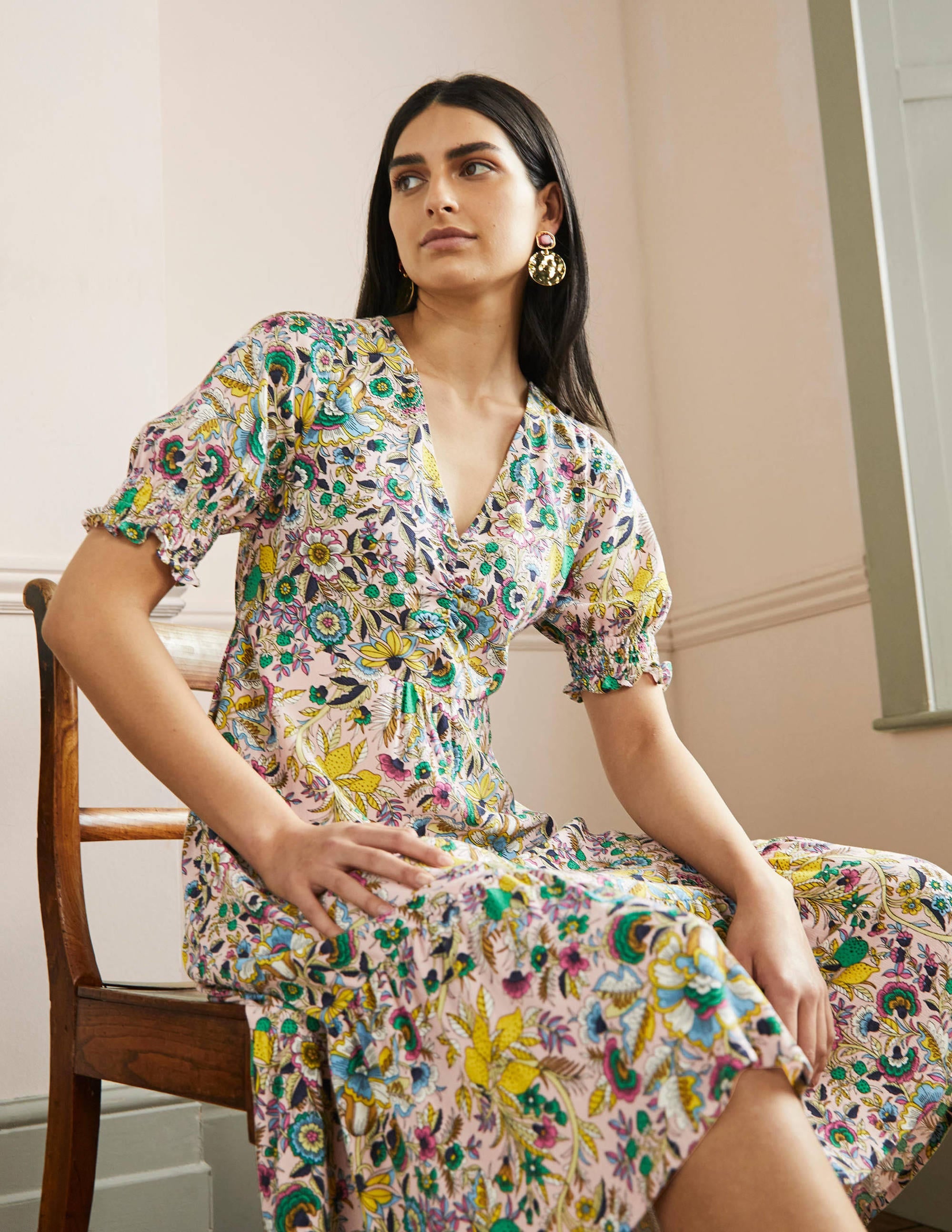 V-Neck Midi Tea Dress-Milkshake, Tropic Meadow - Image 6