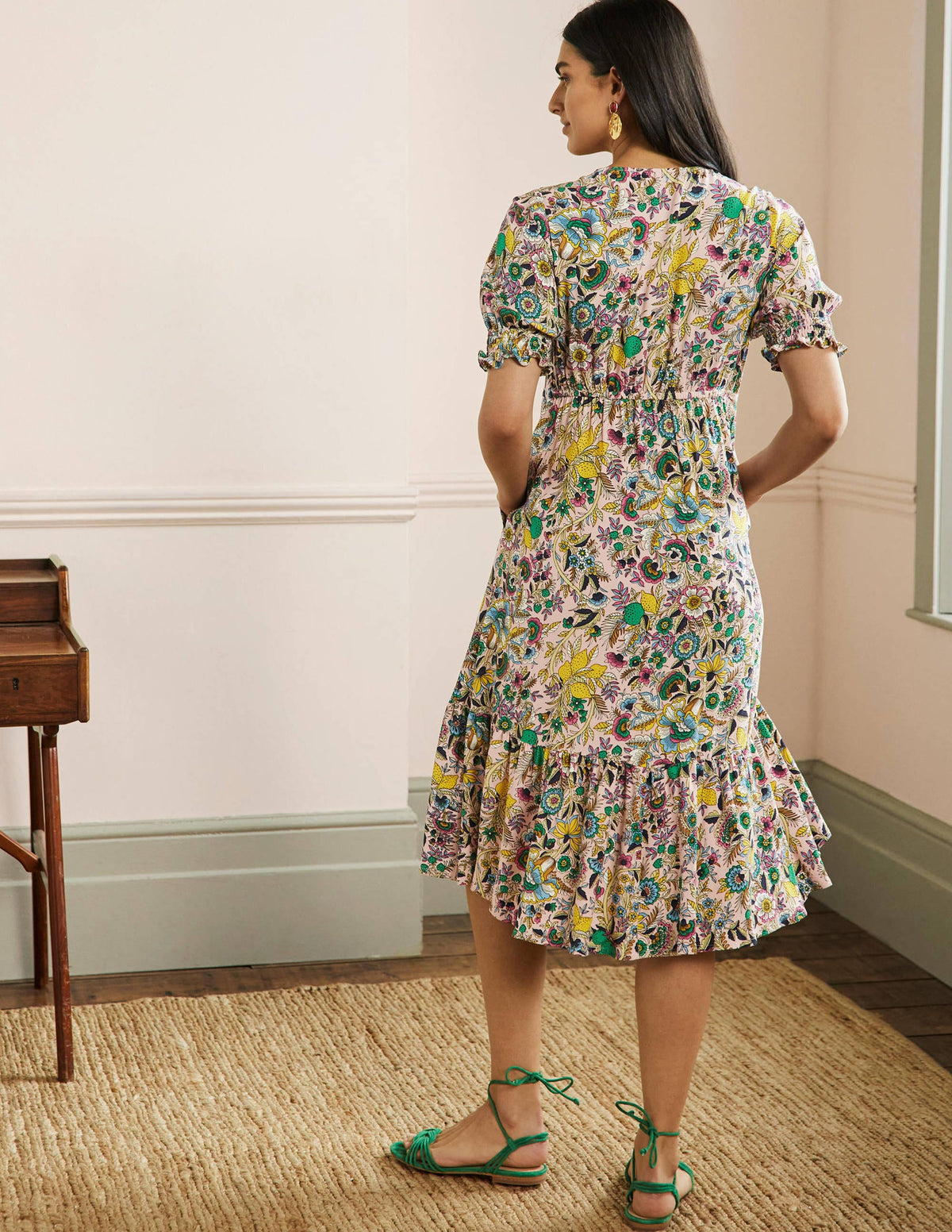 V-Neck Midi Tea Dress-Milkshake, Tropic Meadow-3