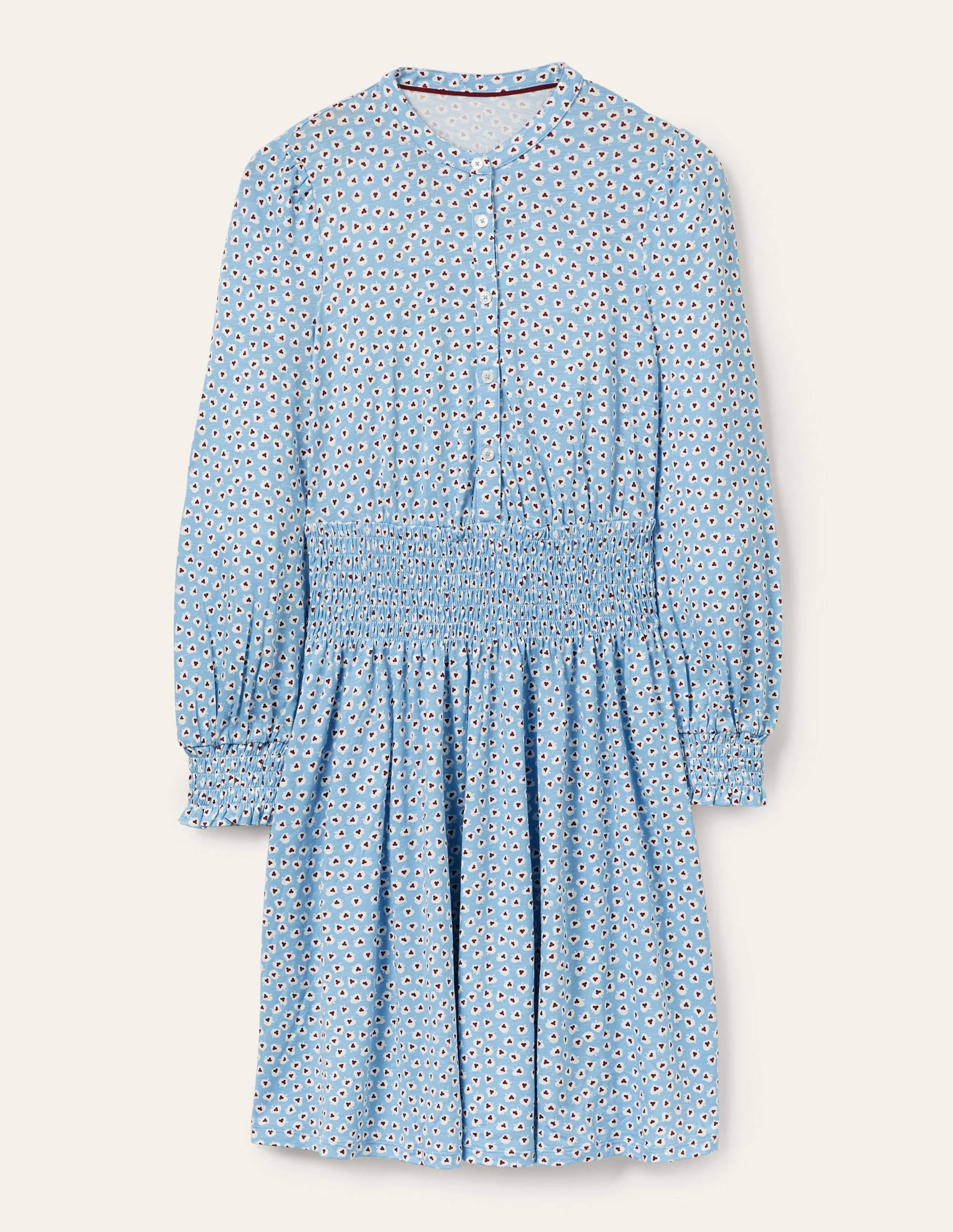 Smocked Jersey Shirt Dress-Dusty Blue, Cordate Leaf - Image 5