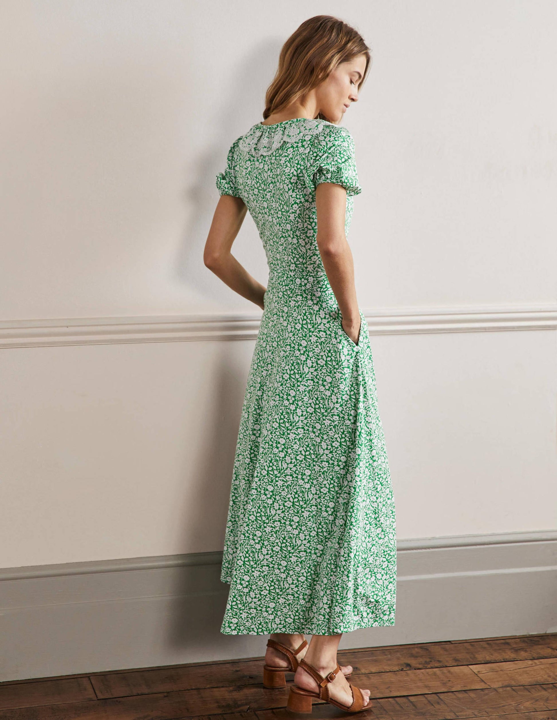 Trim Detail Jersey Midi Dress-Rich Emerald, Wildflower Sprig-3