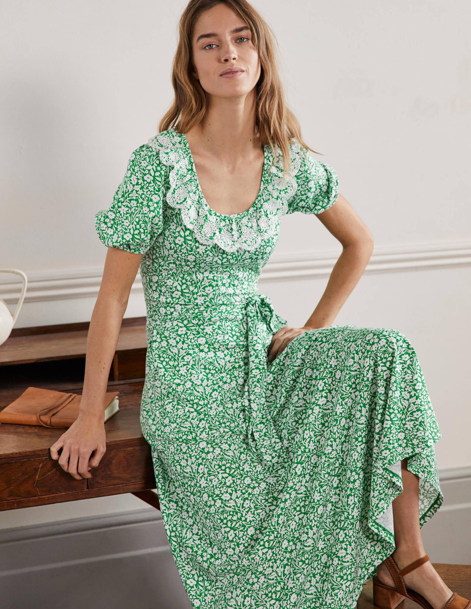 Trim Detail Jersey Midi Dress-Rich Emerald, Wildflower Sprig - Image 4