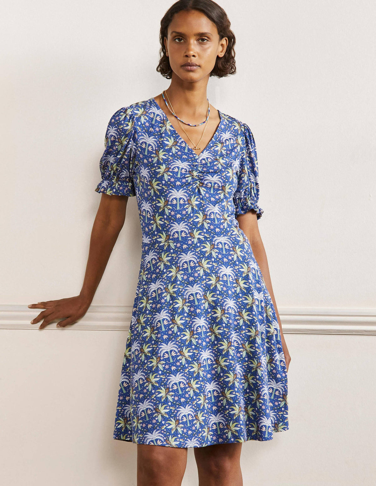 V-Neck Jersey Dress-Atlantic Ocean Oriental Palm - Image 1