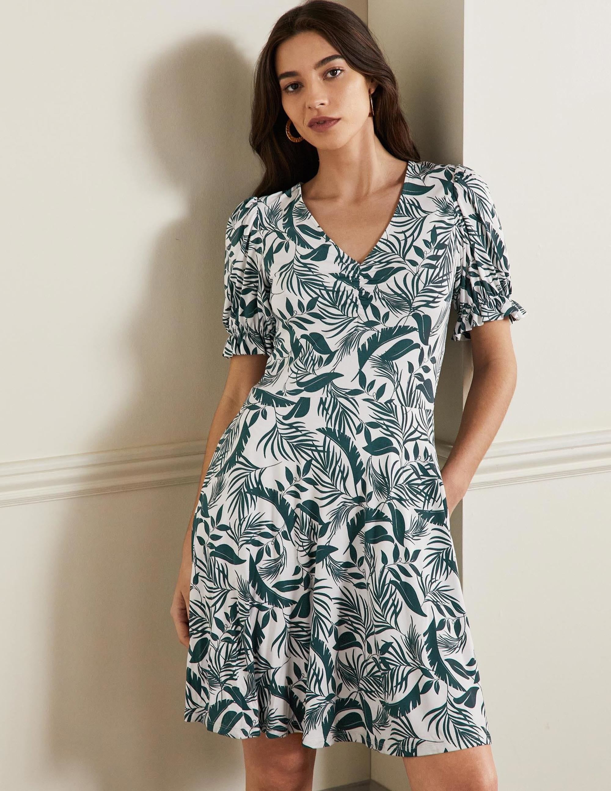 V-Neck Jersey Dress-Midnight Garden Tropic Foliage - Image 1