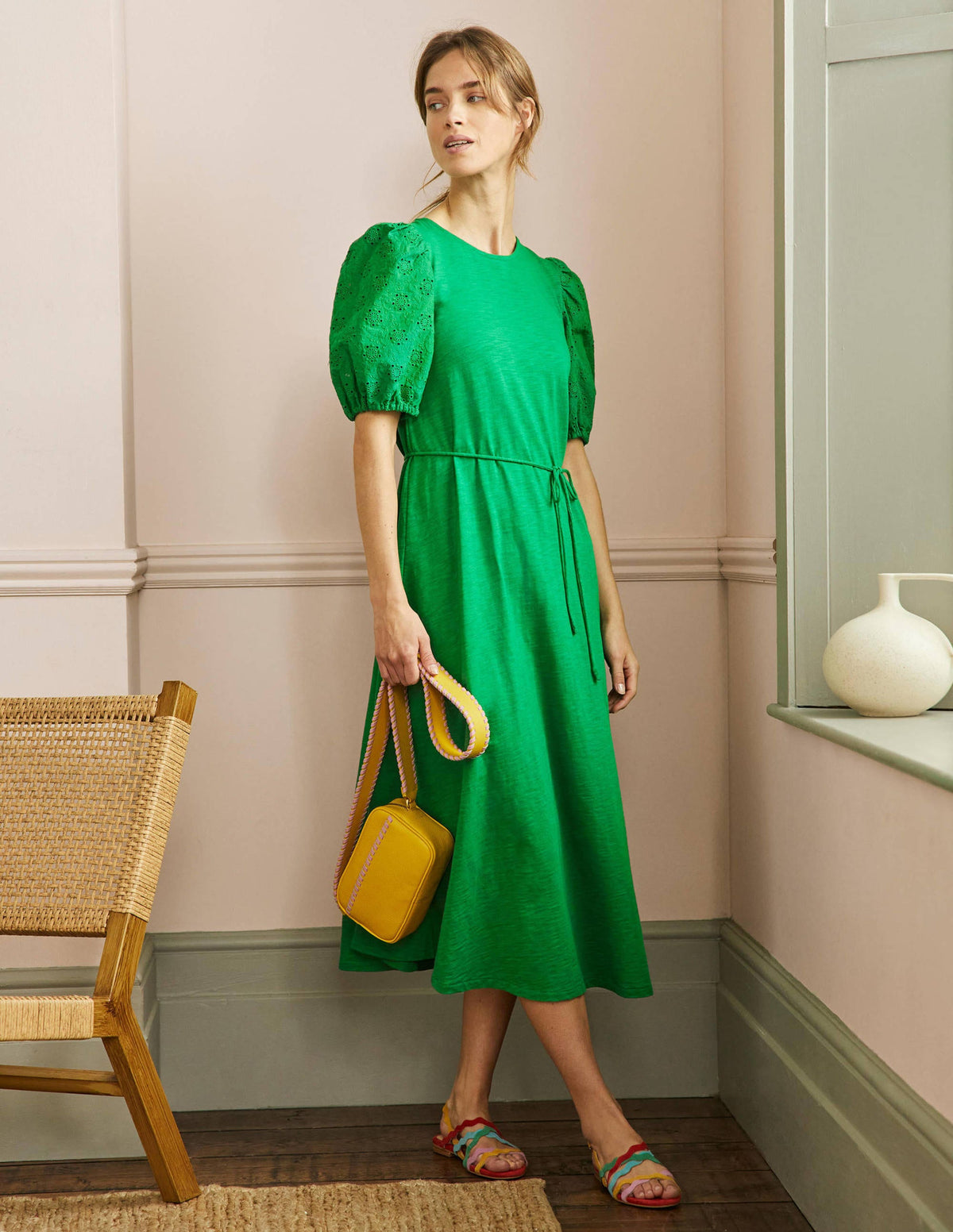 Broderie Mix Jersey Midi Dress-Highland Green-1