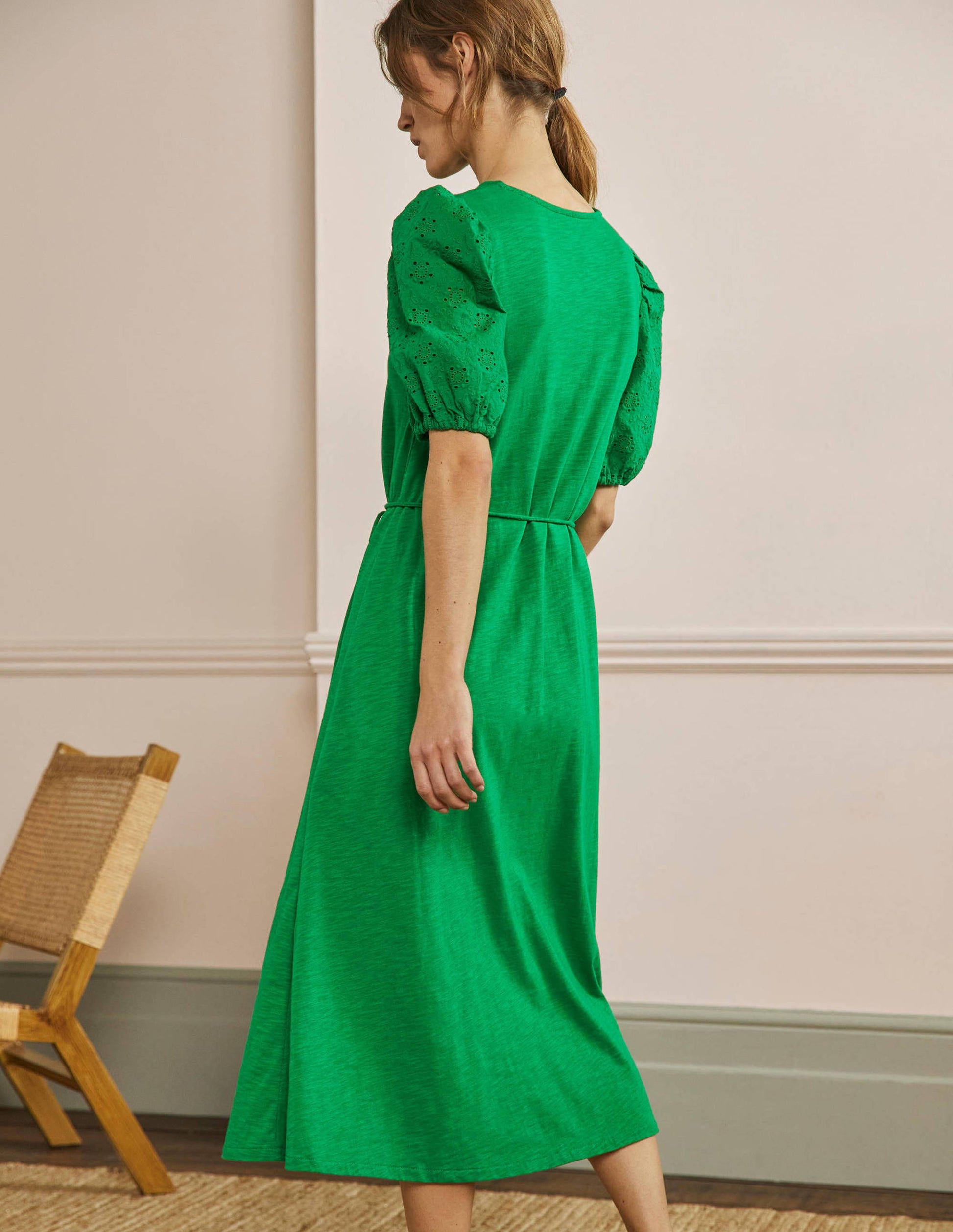 Broderie Mix Jersey Midi Dress-Highland Green-3