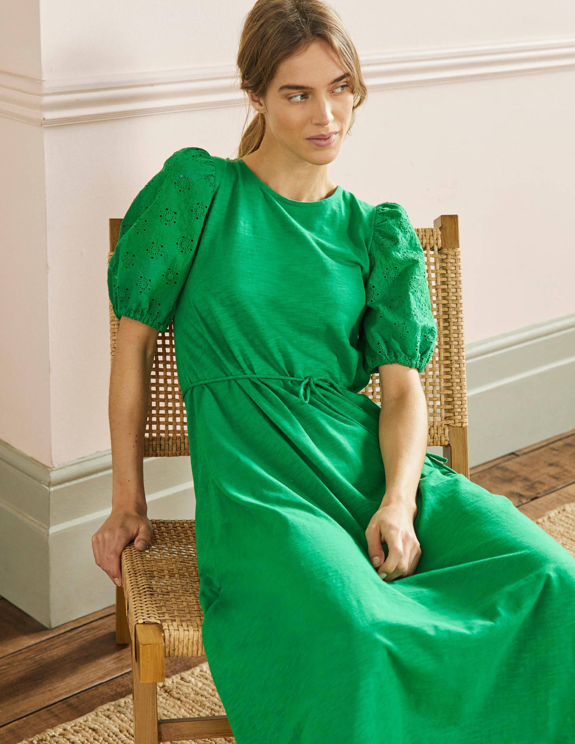 Broderie Mix Jersey Midi Dress-Highland Green-4