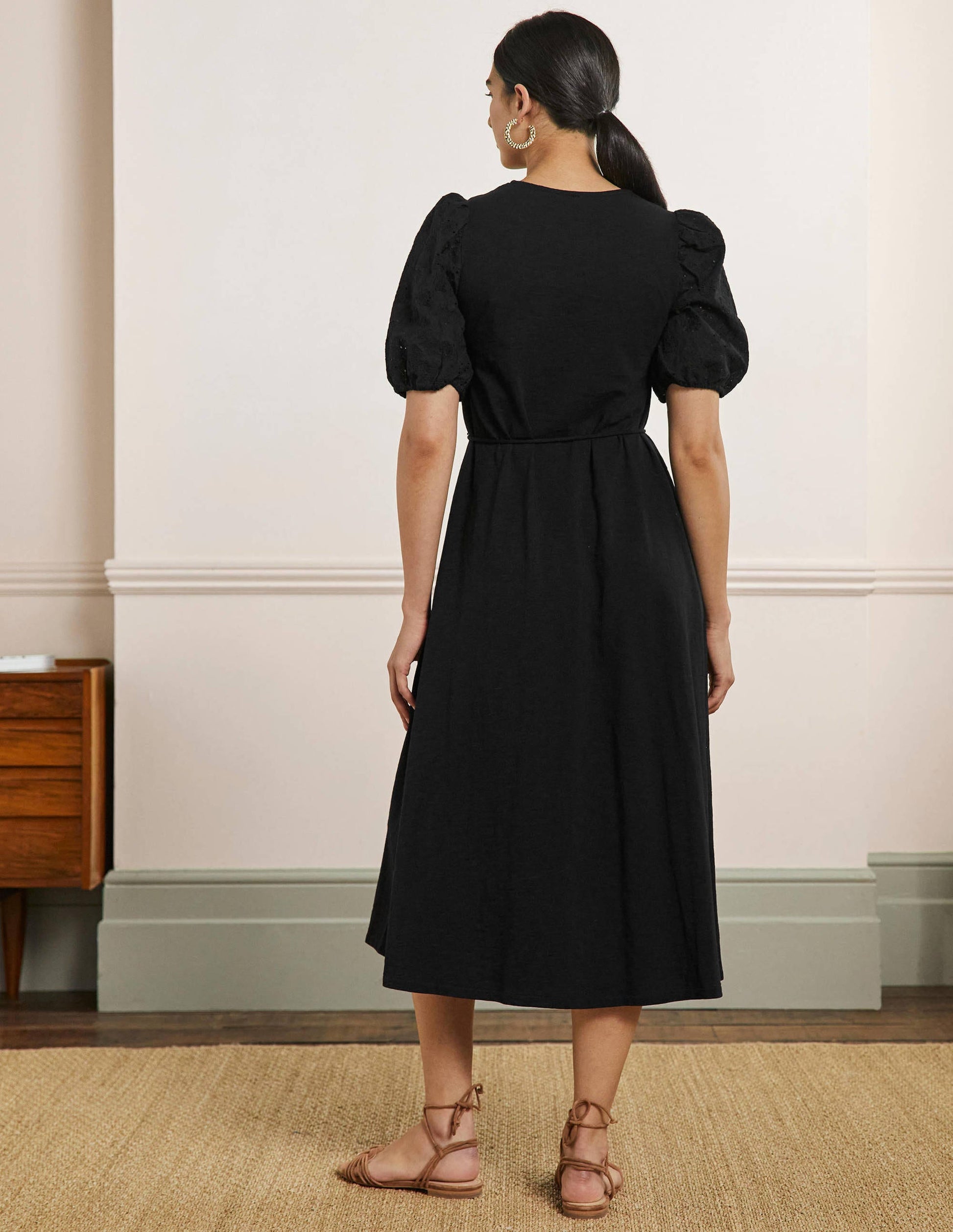 Broderie Mix Jersey Midi Dress-Black-3
