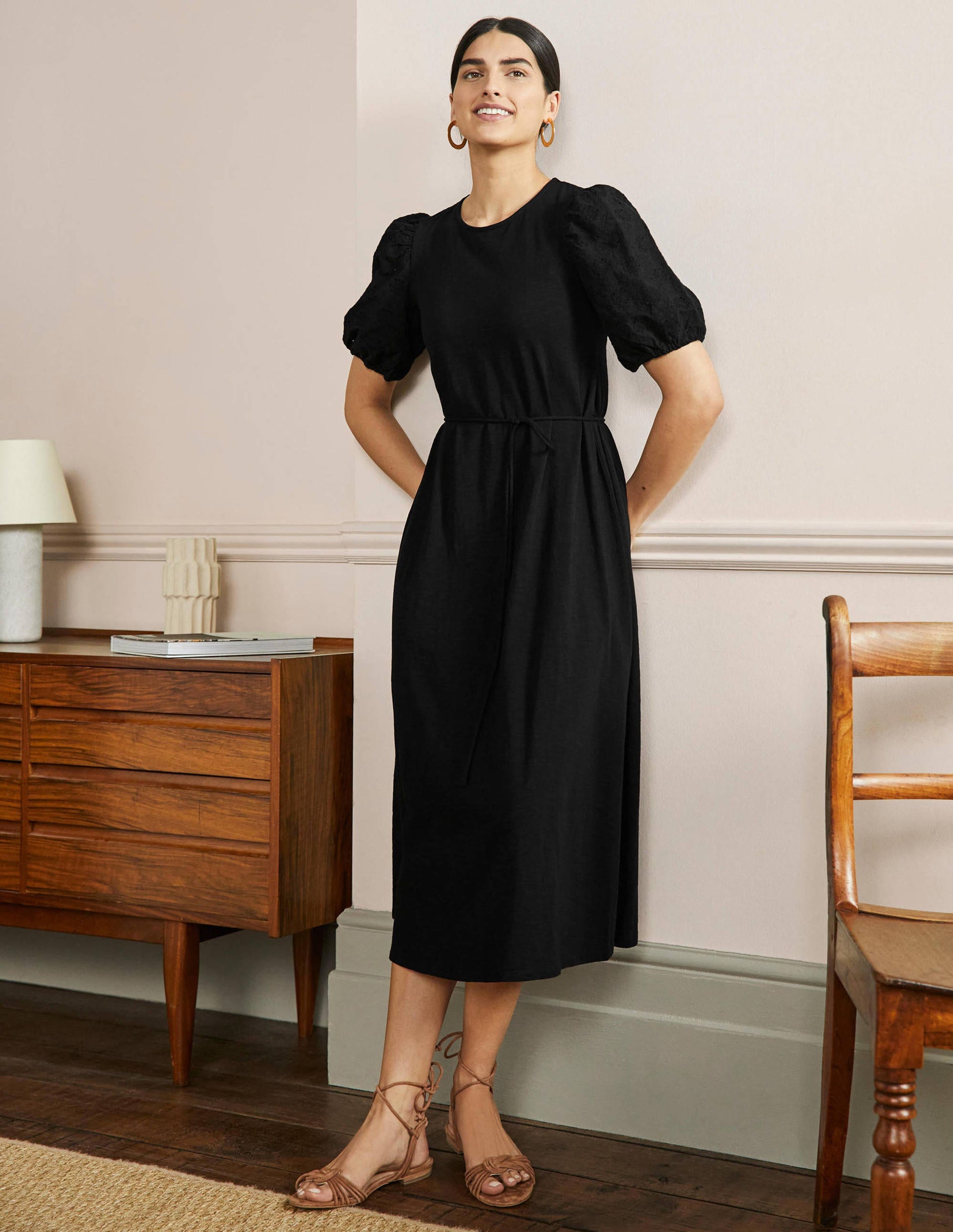 Broderie Mix Jersey Midi Dress-Black-4