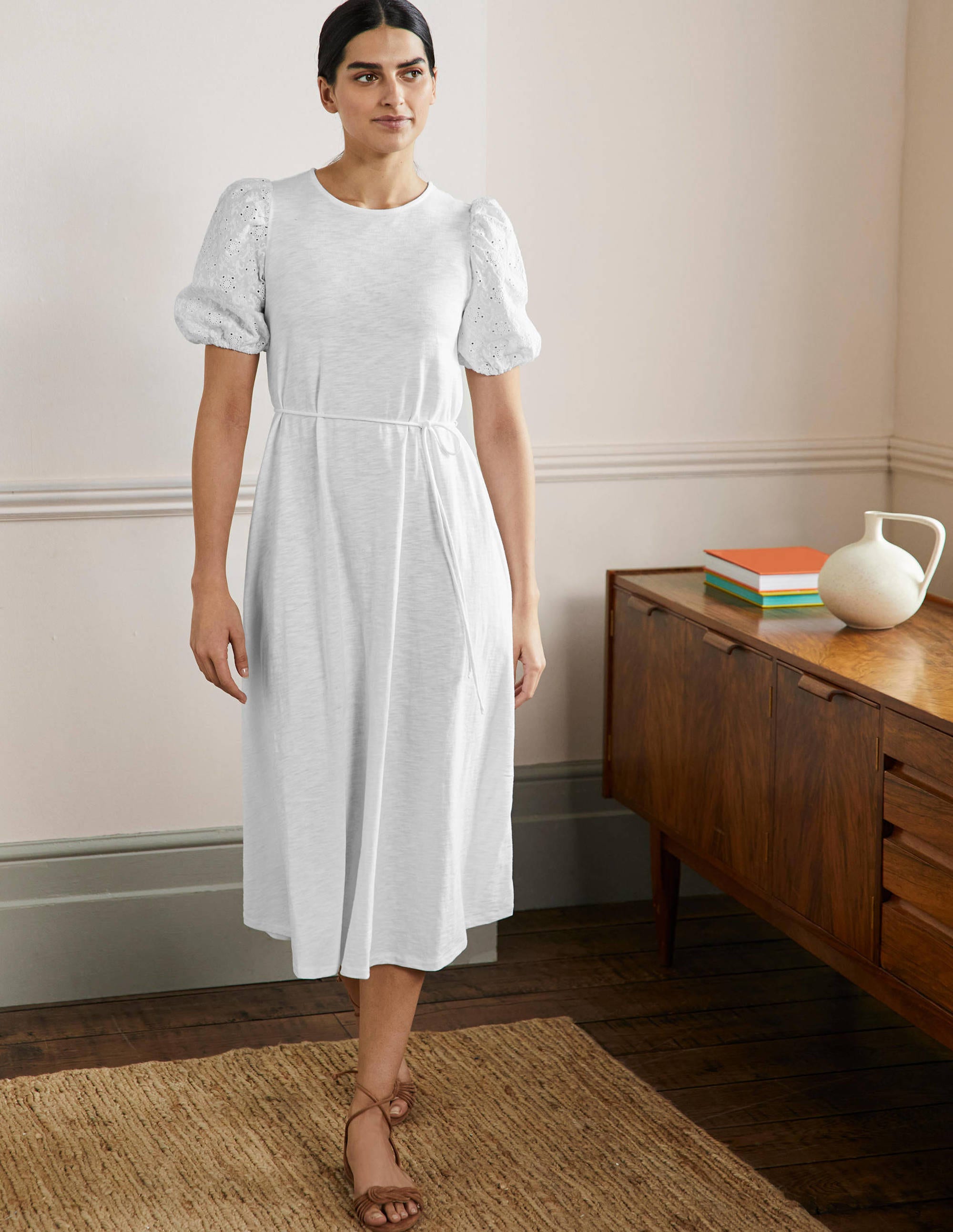 Broderie Mix Jersey Midi Dress-White - Image 1