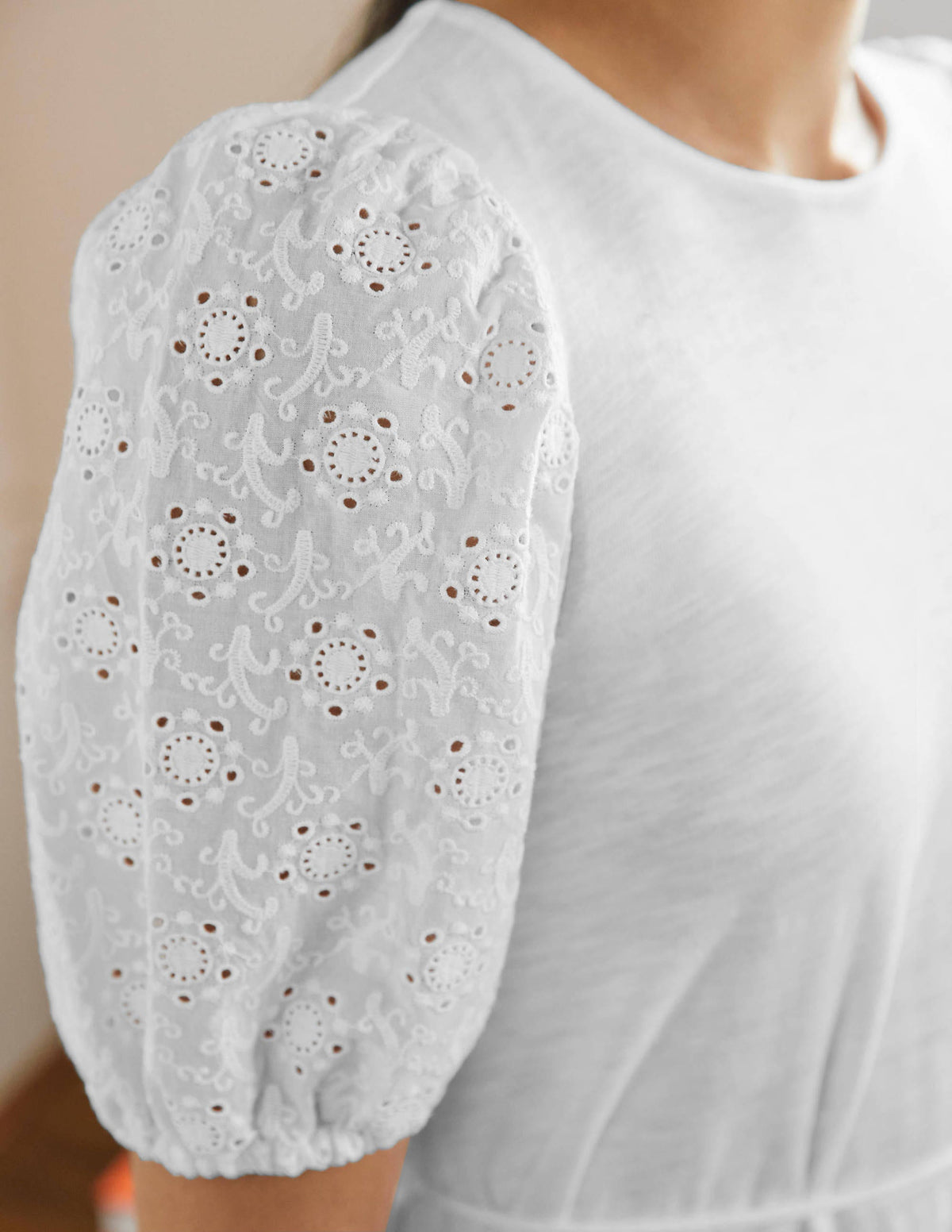 Broderie Mix Jersey Midi Dress-White - Image 2