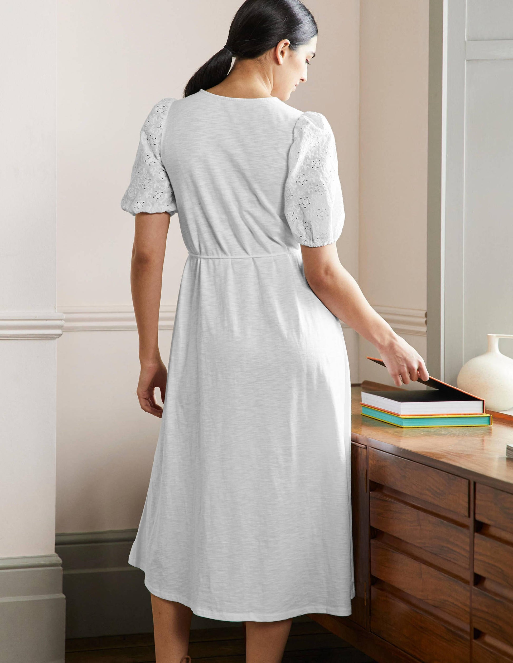 Broderie Mix Jersey Midi Dress-White-3