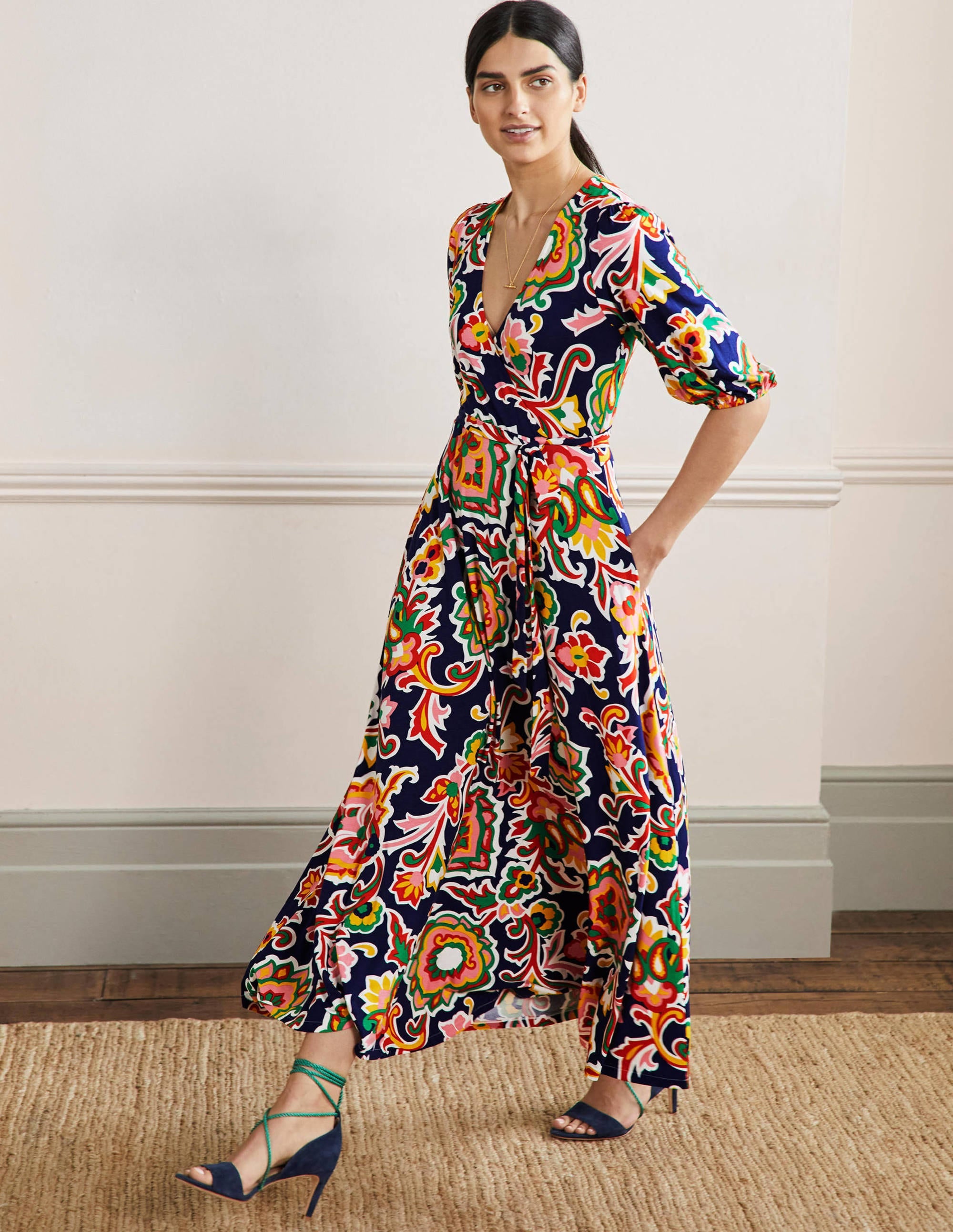 Fixed Wrap Jersey Maxi Dress-Midnight Ocean, Blooms - Image 1