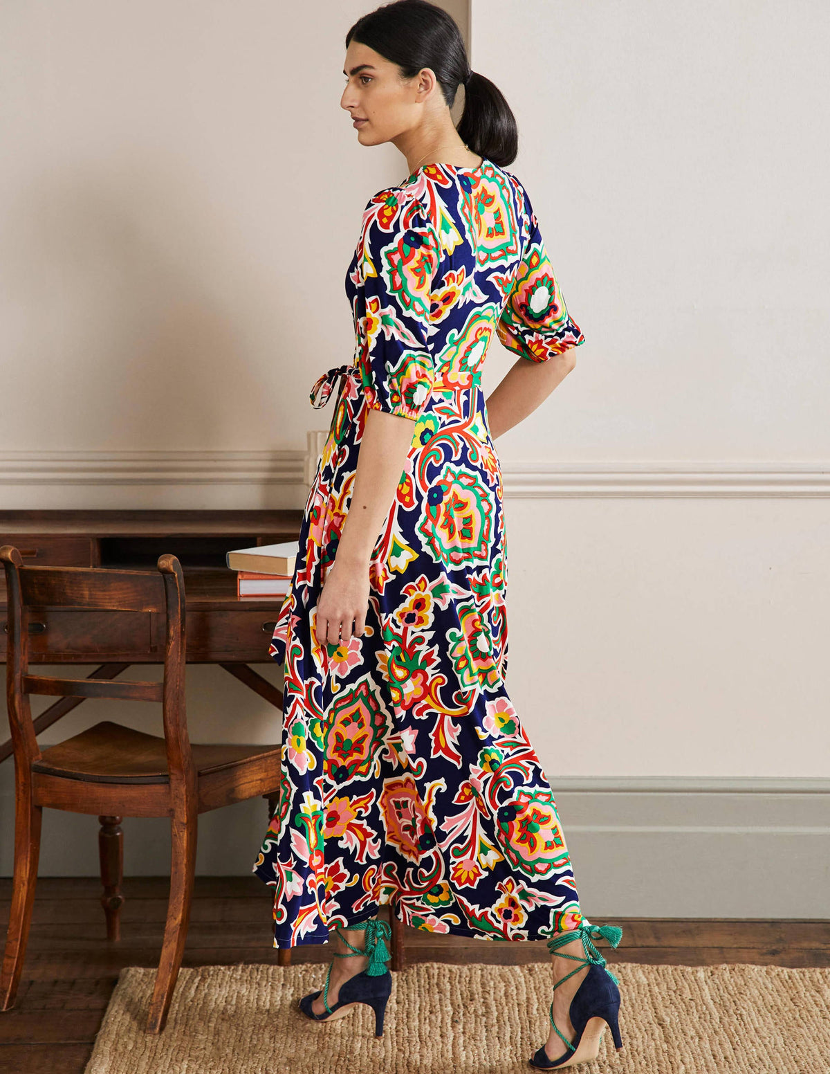Fixed Wrap Jersey Maxi Dress-Midnight Ocean, Blooms - Image 3