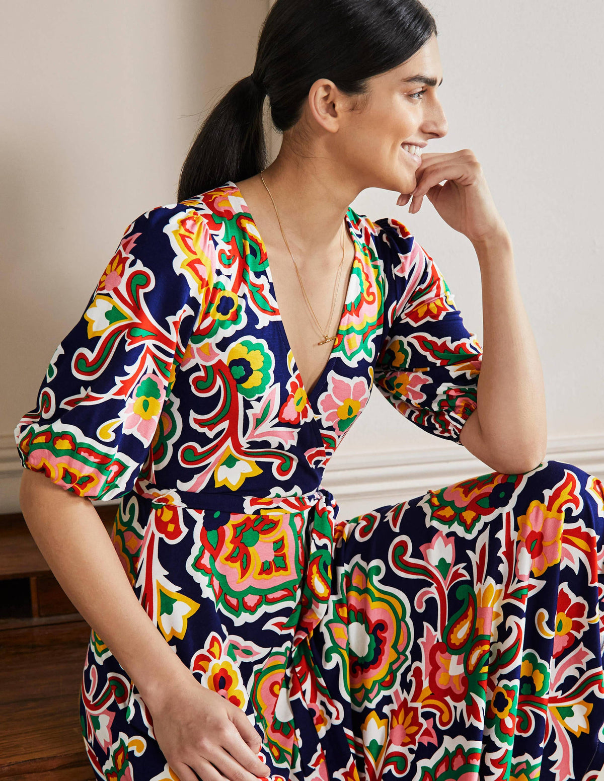Fixed Wrap Jersey Maxi Dress-Midnight Ocean, Blooms-4