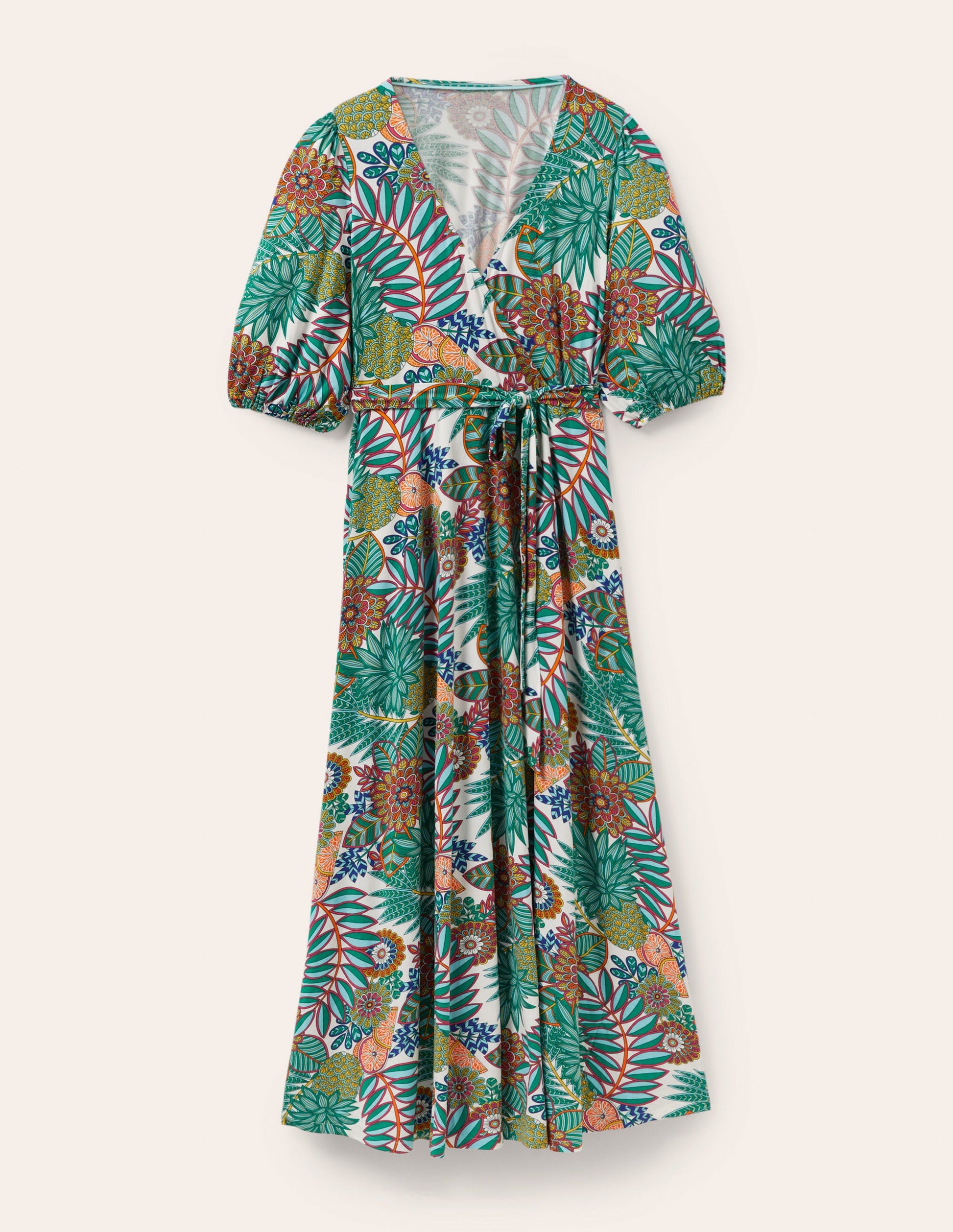 Fixed Wrap Jersey Maxi Dress-Green, Pineapple Bloom-5