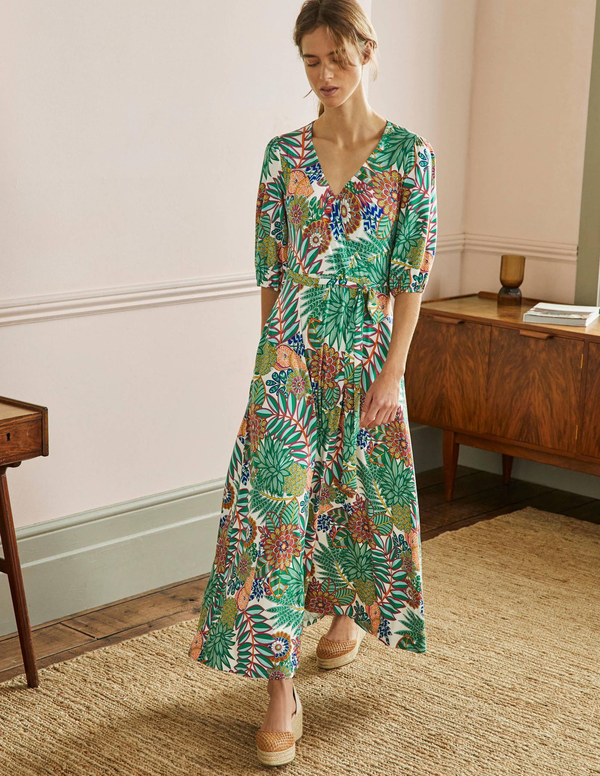 Fixed Wrap Jersey Maxi Dress-Green, Pineapple Bloom-1