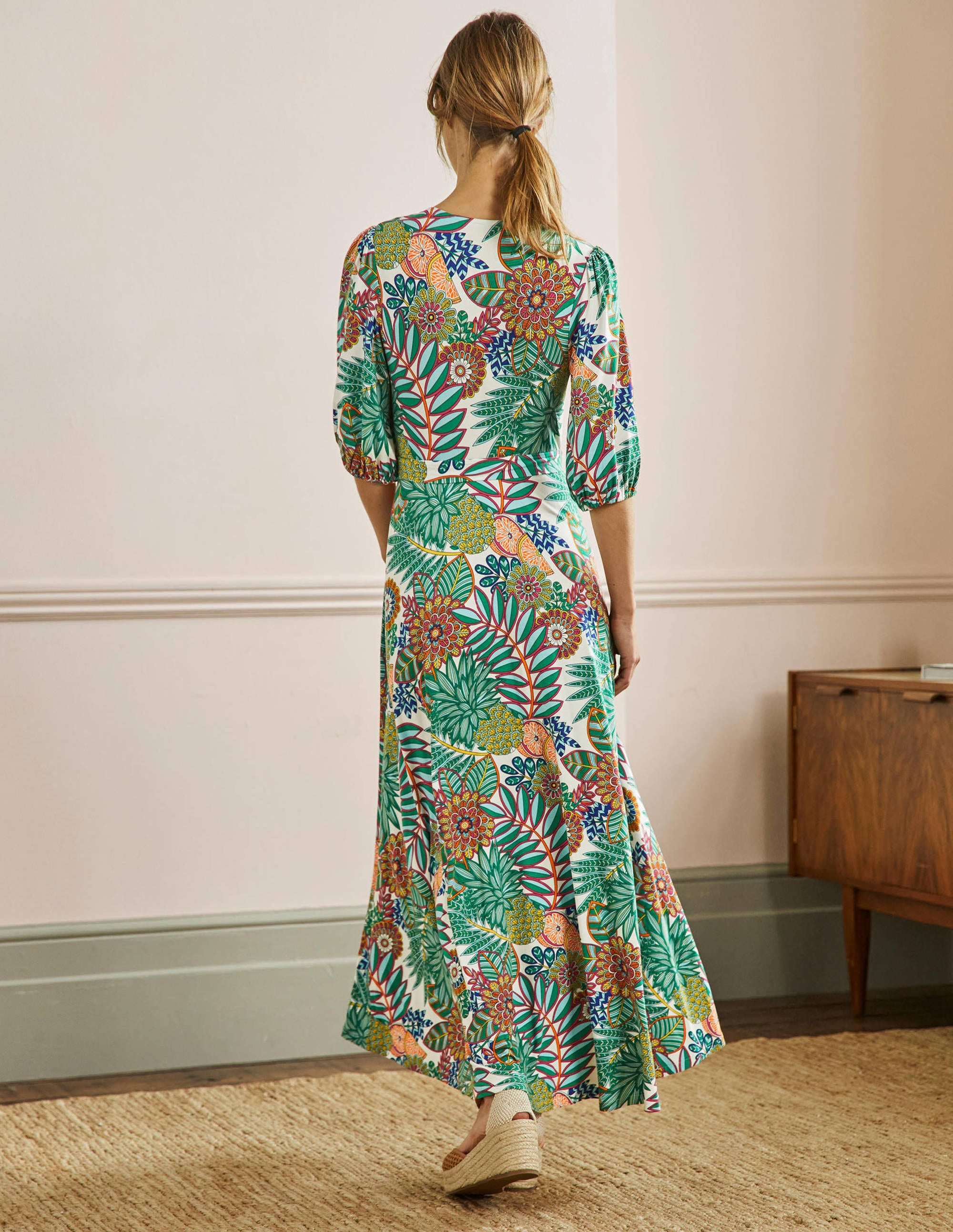 Fixed Wrap Jersey Maxi Dress-Green, Pineapple Bloom - Image 3