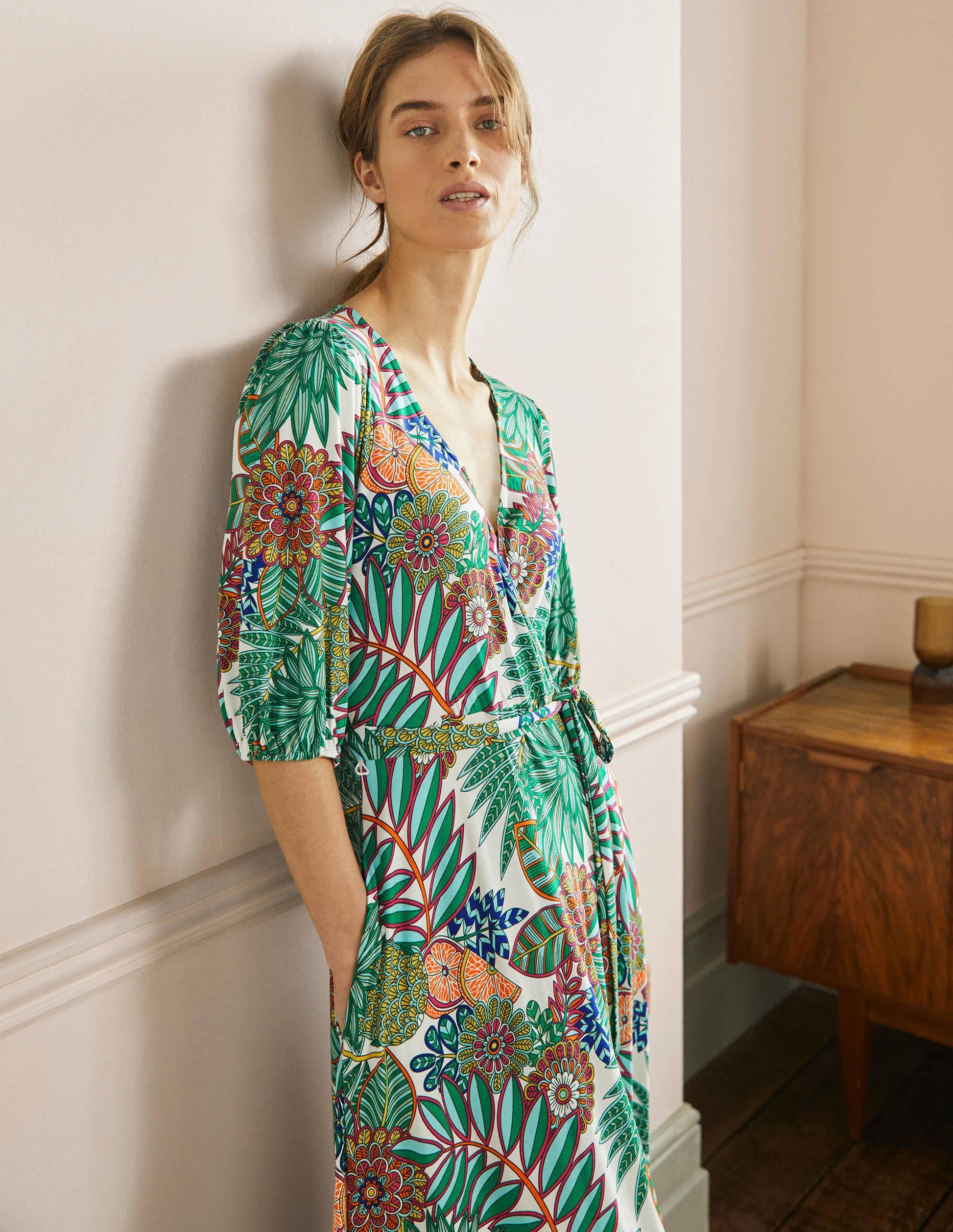 Fixed Wrap Jersey Maxi Dress-Green, Pineapple Bloom-4