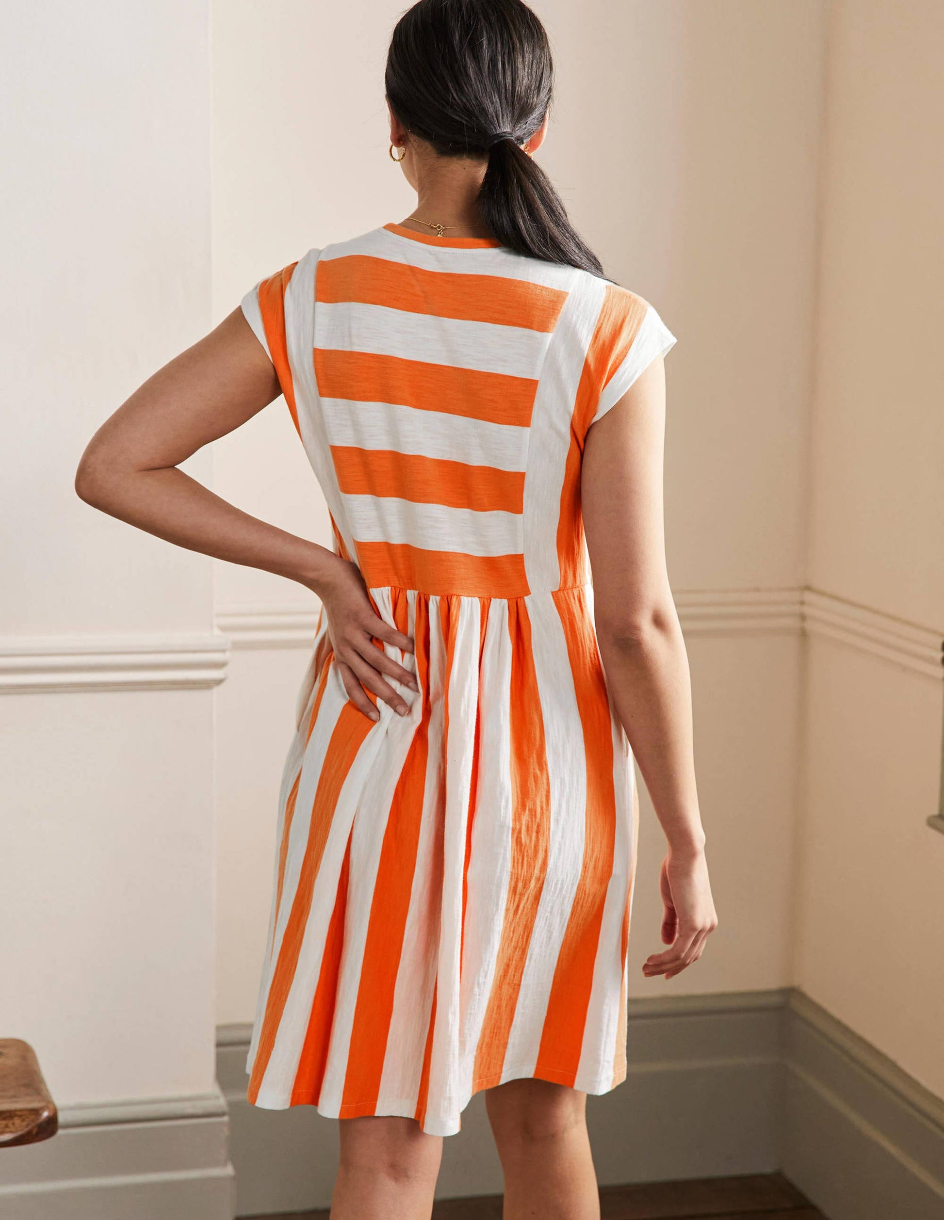 Jersey T-Shirt Dress-Dusty Orange and Ivory Stripe-3