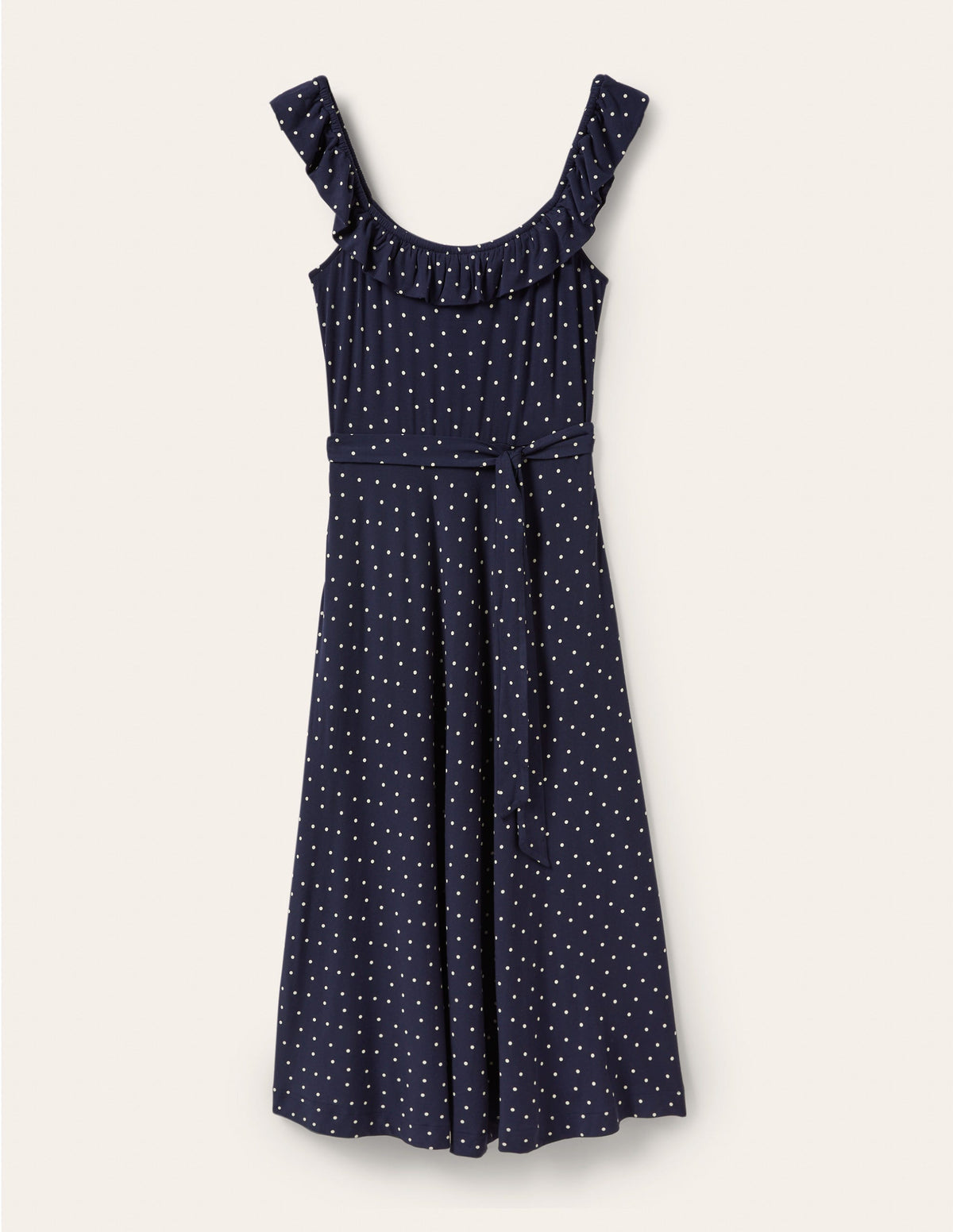 Ruffle Neck Jersey Midi Dress-French Navy, Pin Dot-5