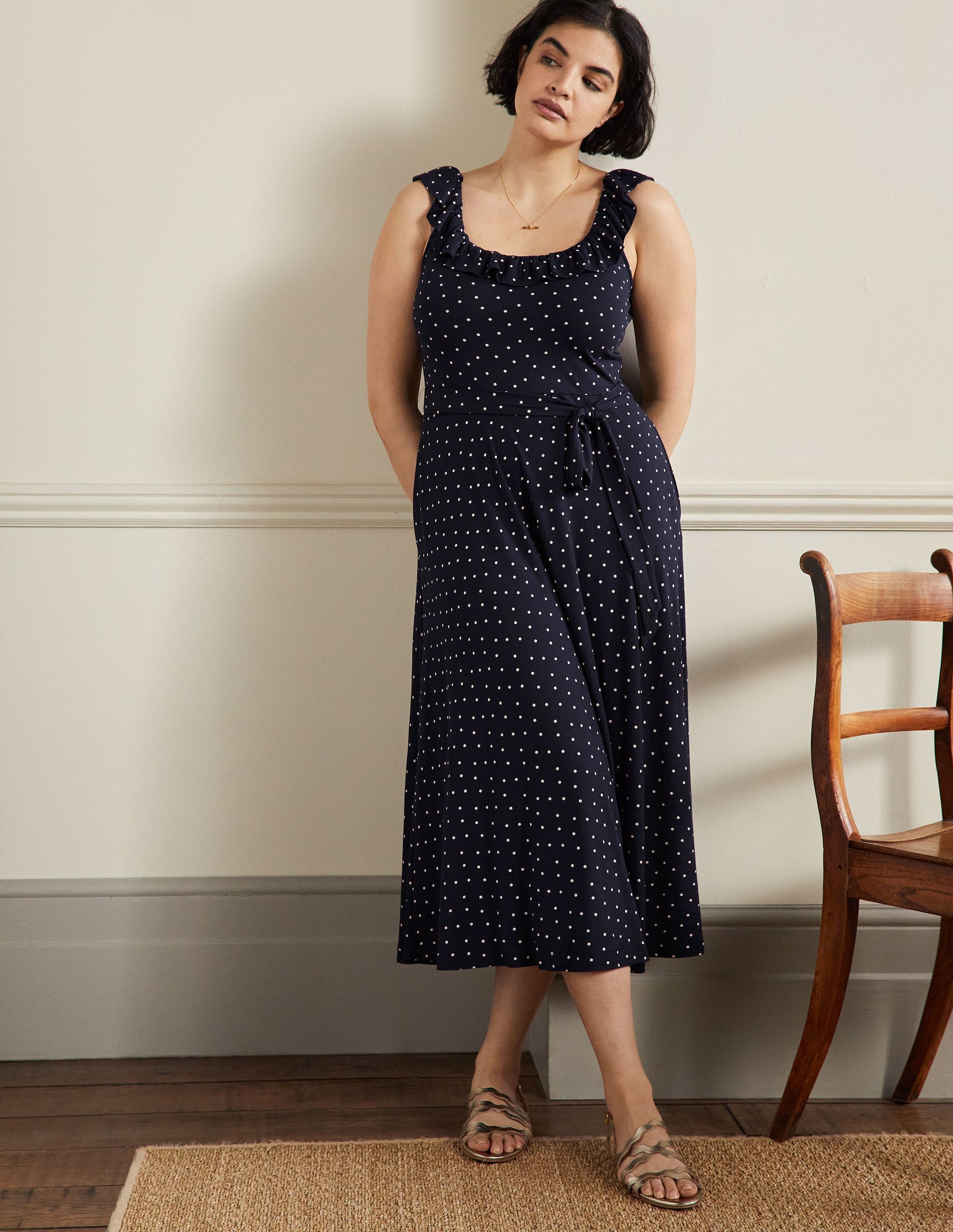Ruffle Neck Jersey Midi Dress-French Navy, Pin Dot-6