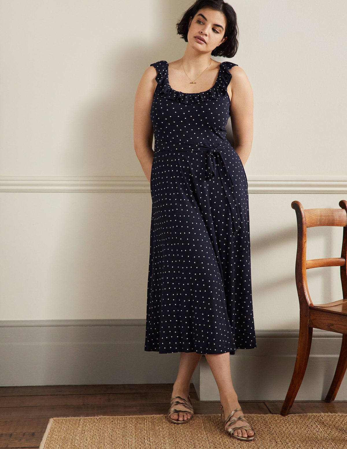 Ruffle Neck Jersey Midi Dress-French Navy, Pin Dot - Image 6