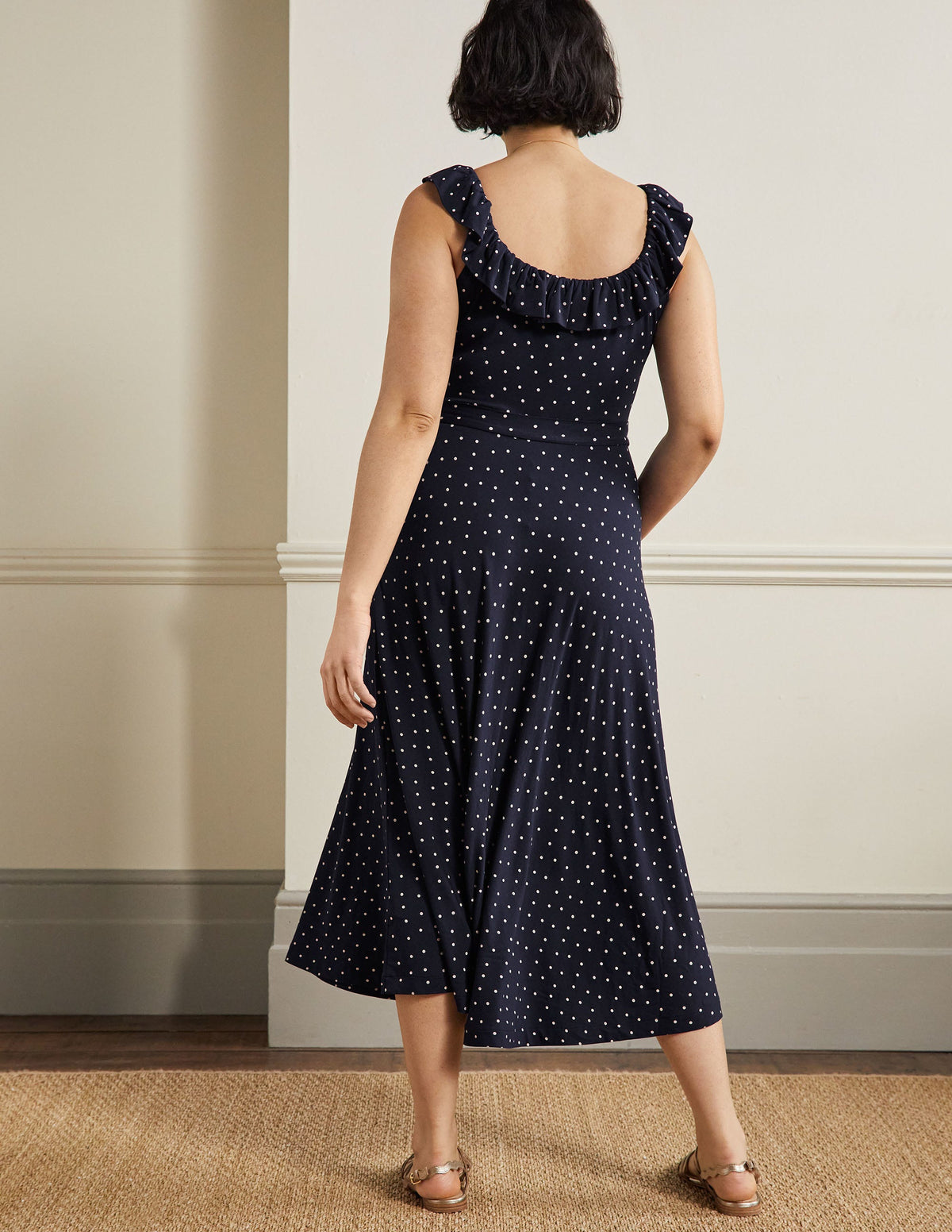 Ruffle Neck Jersey Midi Dress-French Navy, Pin Dot-7