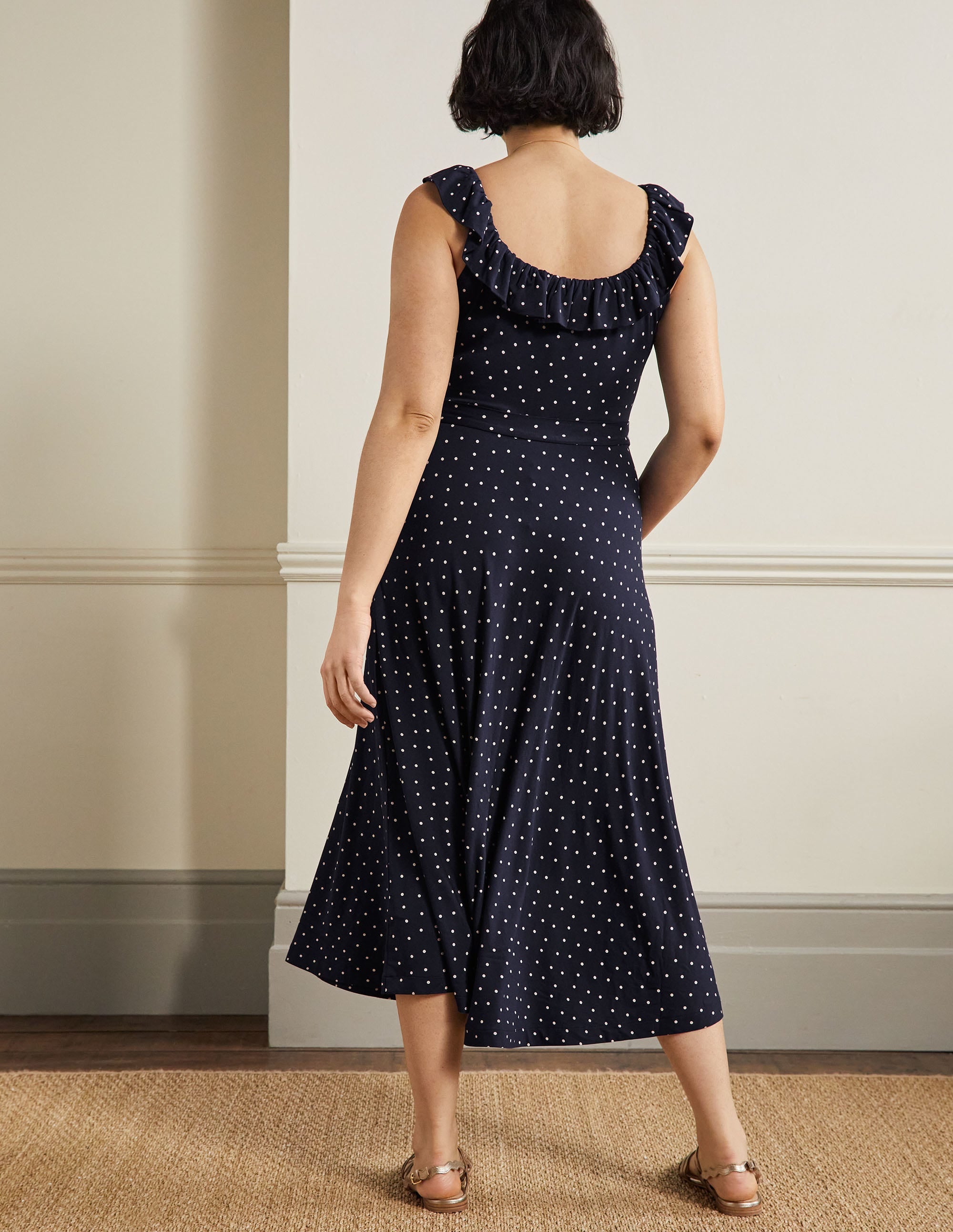 Ruffle Neck Jersey Midi Dress-French Navy, Pin Dot - Image 7