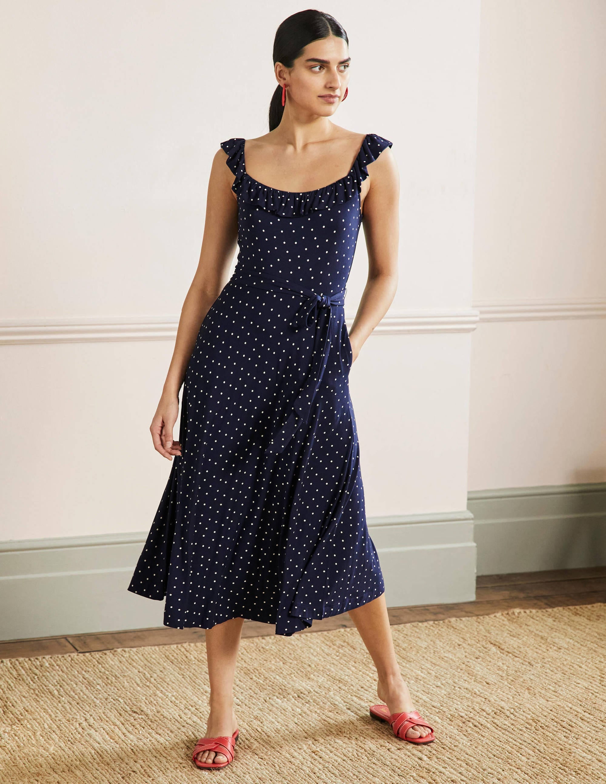 Ruffle Neck Jersey Midi Dress-French Navy, Pin Dot - Image 1