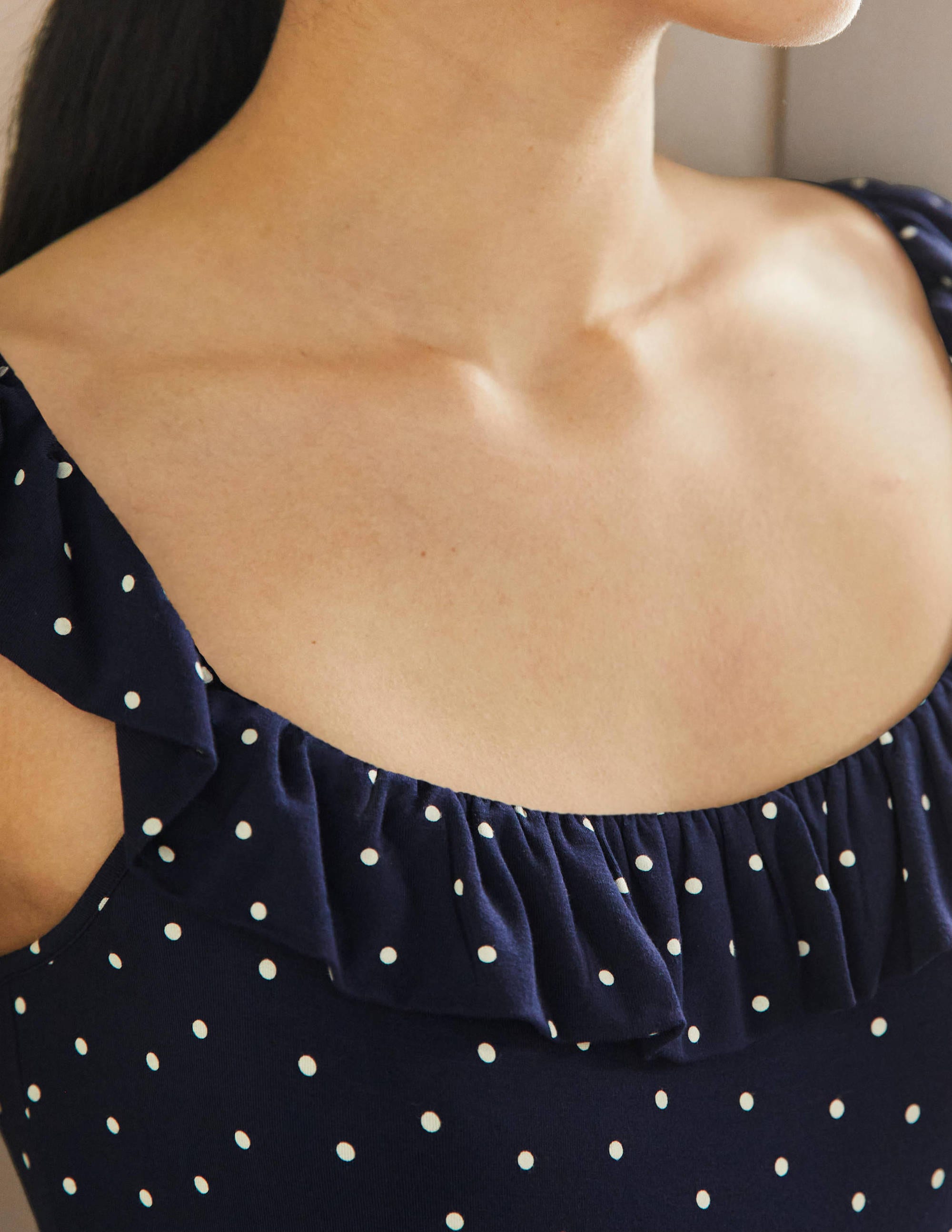 Ruffle Neck Jersey Midi Dress-French Navy, Pin Dot - Image 2