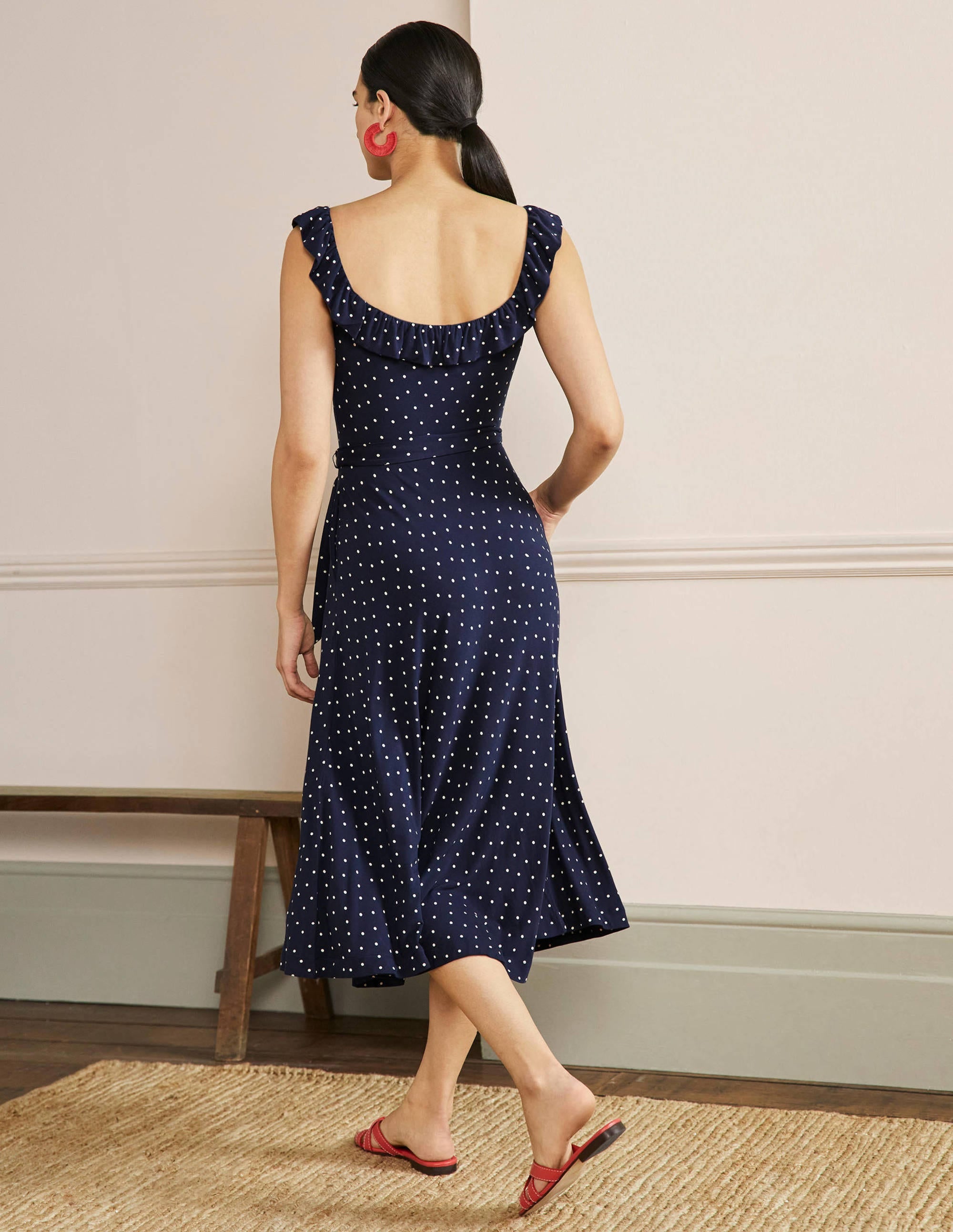 Ruffle Neck Jersey Midi Dress-French Navy, Pin Dot - Image 3