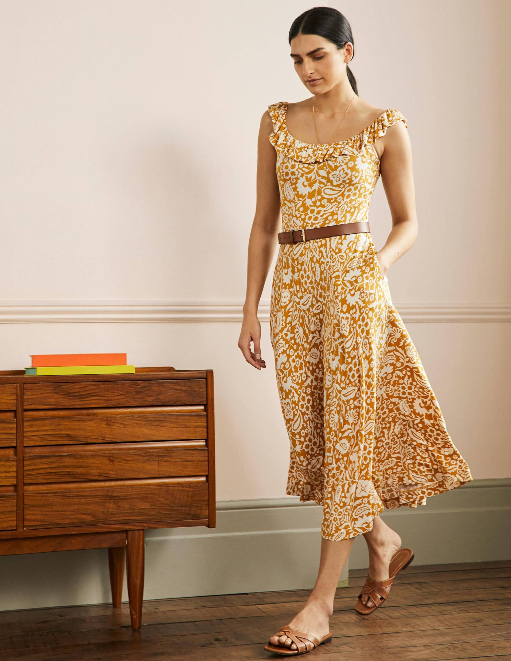 Ruffle Neck Jersey Midi Dress-Brioche, Oriental Paradise - Image 1