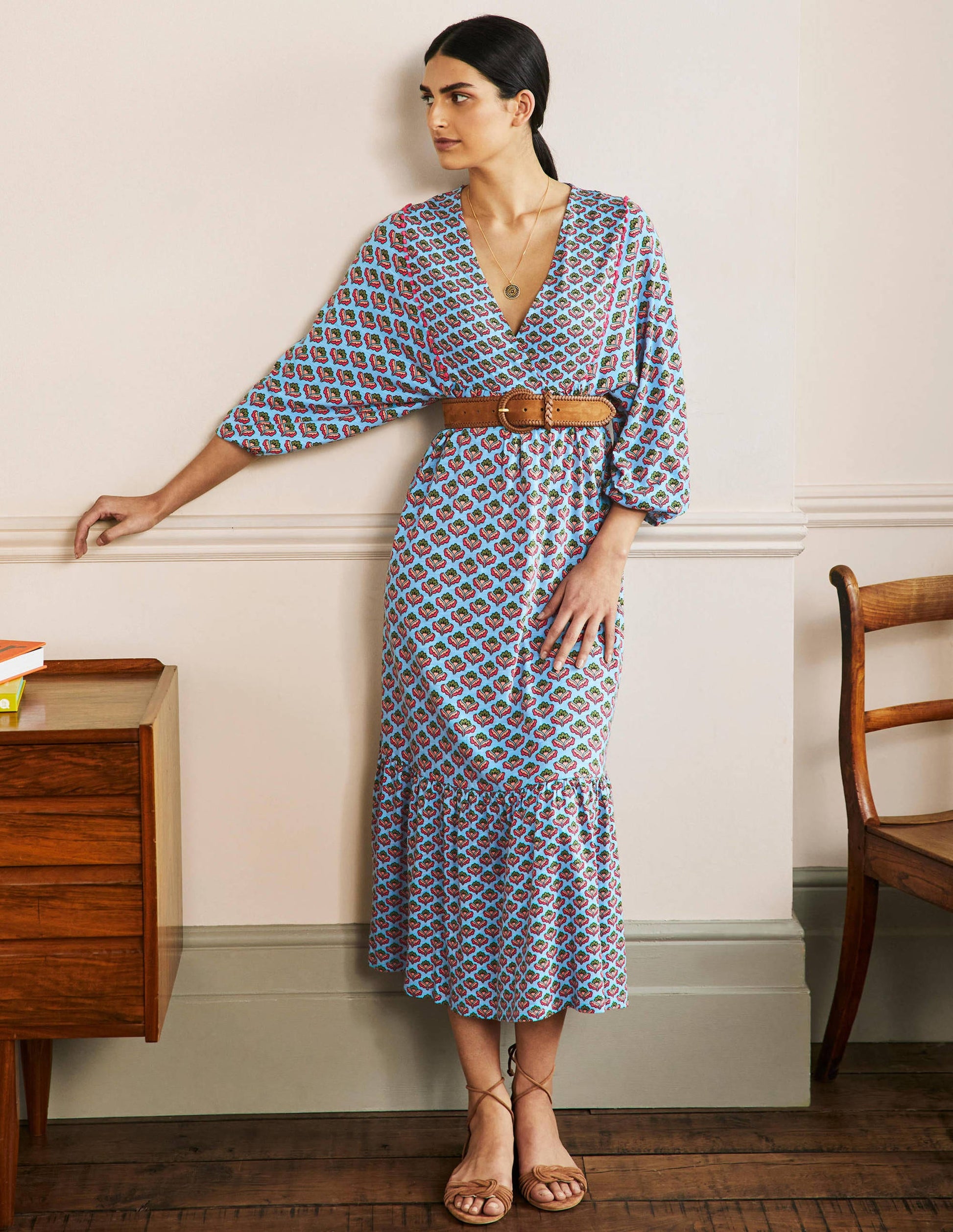 Anita Jersey Midi Dress-Dusty Blue, Oriental Bud-1