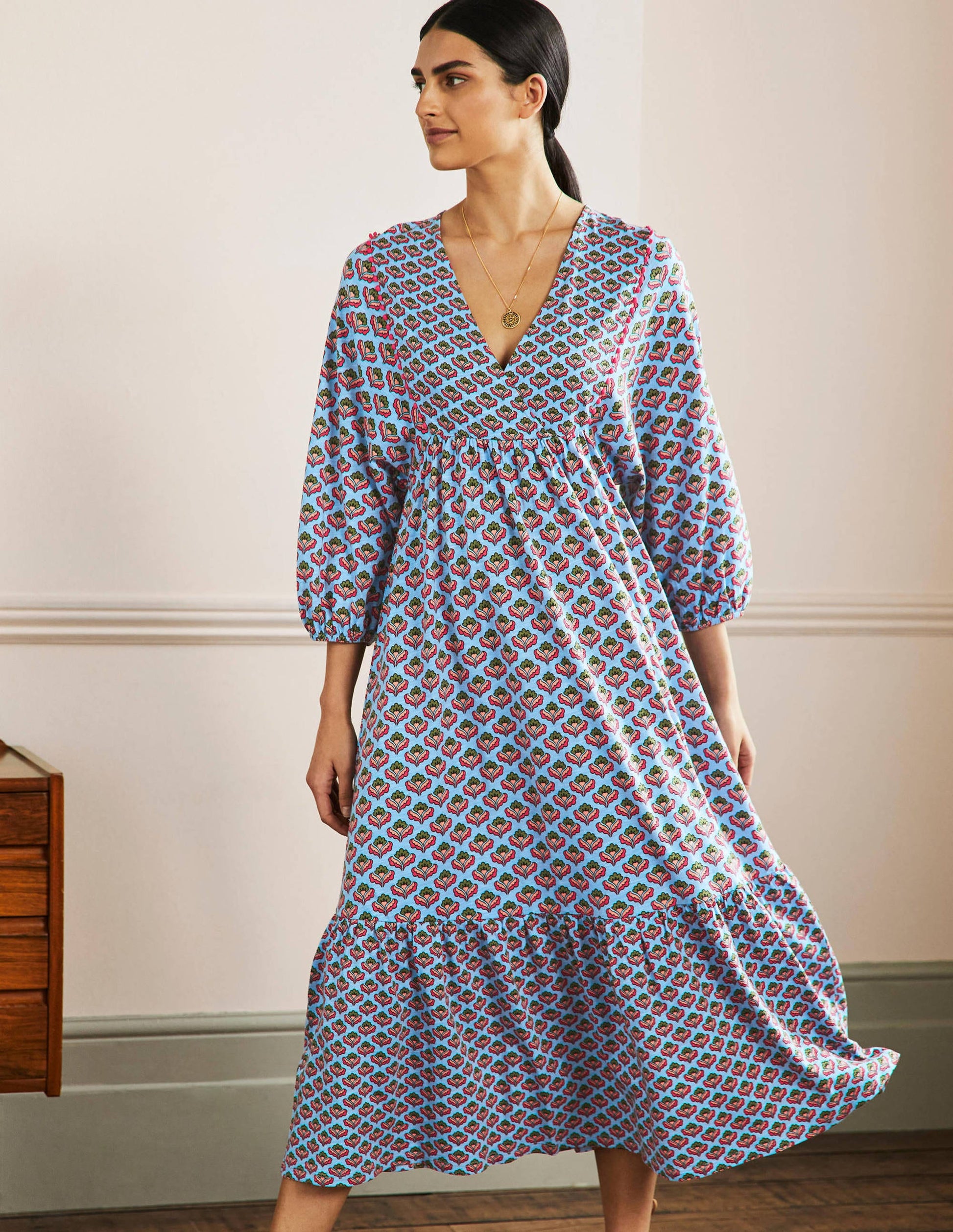 Anita Jersey Midi Dress-Dusty Blue, Oriental Bud-4