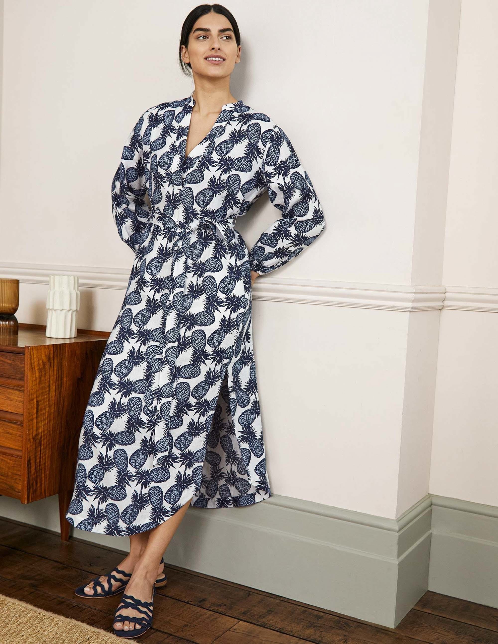 Long Sleeve Linen Maxi Dress-Ivory, Pineapple Cluster - Image 1