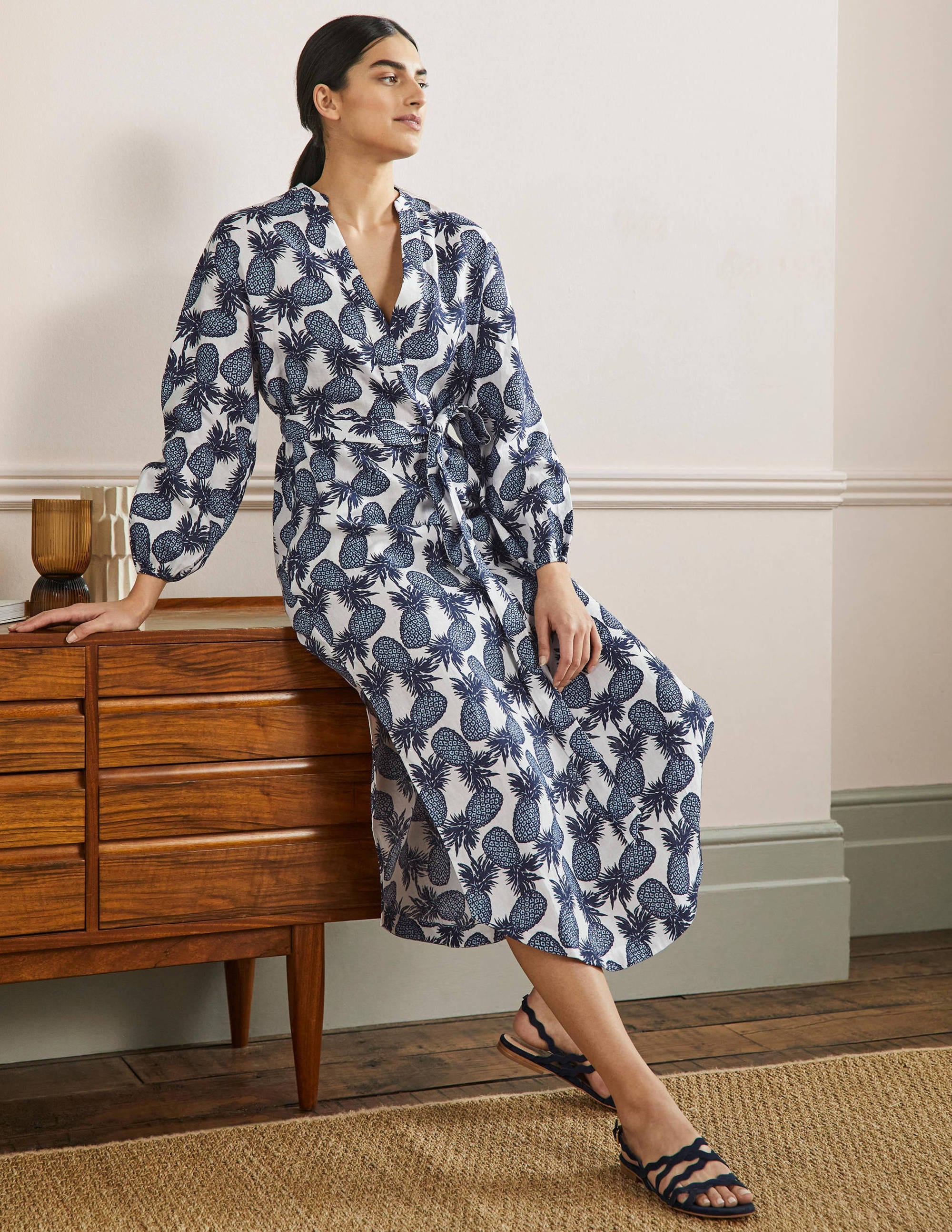 Long Sleeve Linen Maxi Dress-Ivory, Pineapple Cluster - Image 4