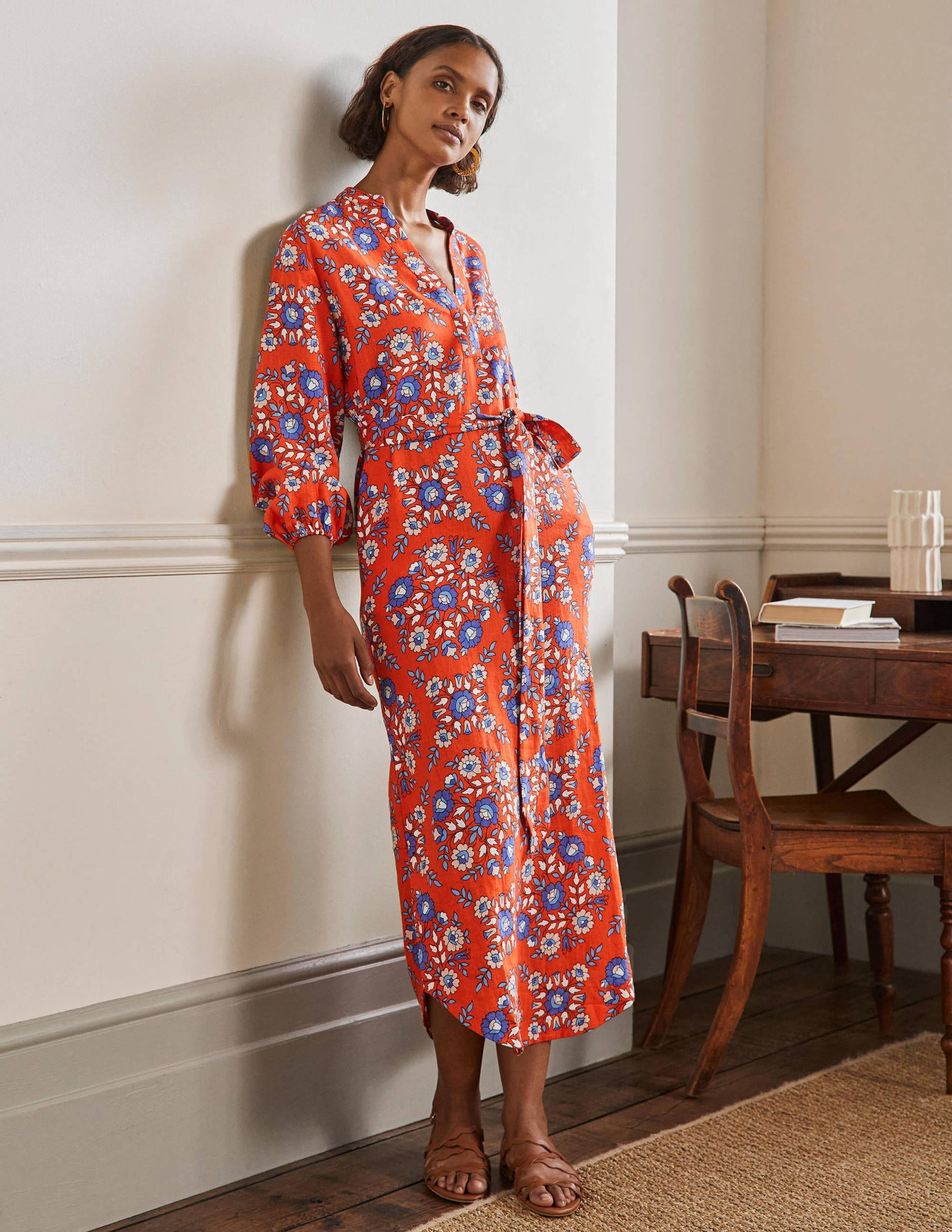 Long Sleeve Linen Maxi Dress-Papaya, Wildflower Prairie-1