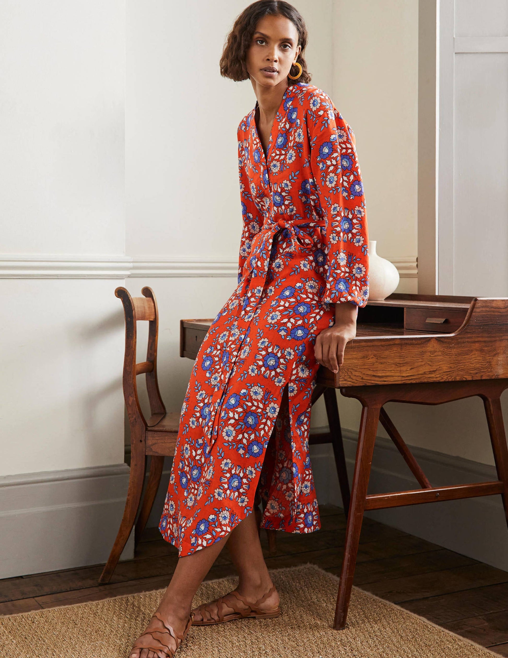Long Sleeve Linen Maxi Dress-Papaya, Wildflower Prairie-4