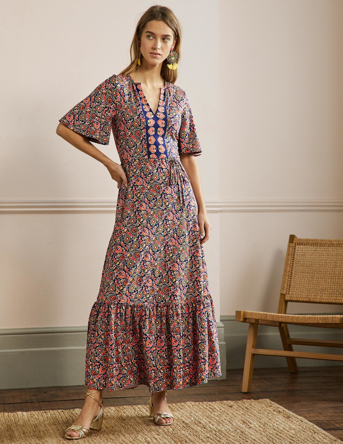 Notch Neck Jersey Maxi Dress-Midnight, Decorative Bloom-1
