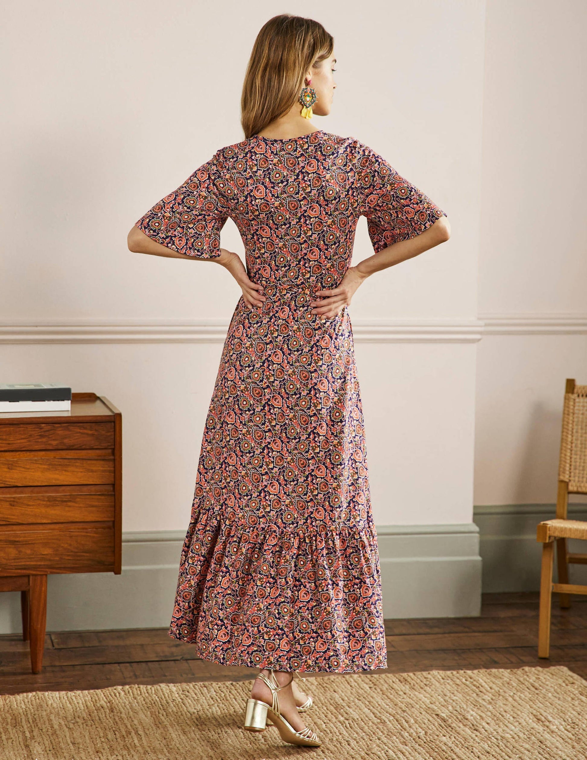 Notch Neck Jersey Maxi Dress-Midnight, Decorative Bloom-3
