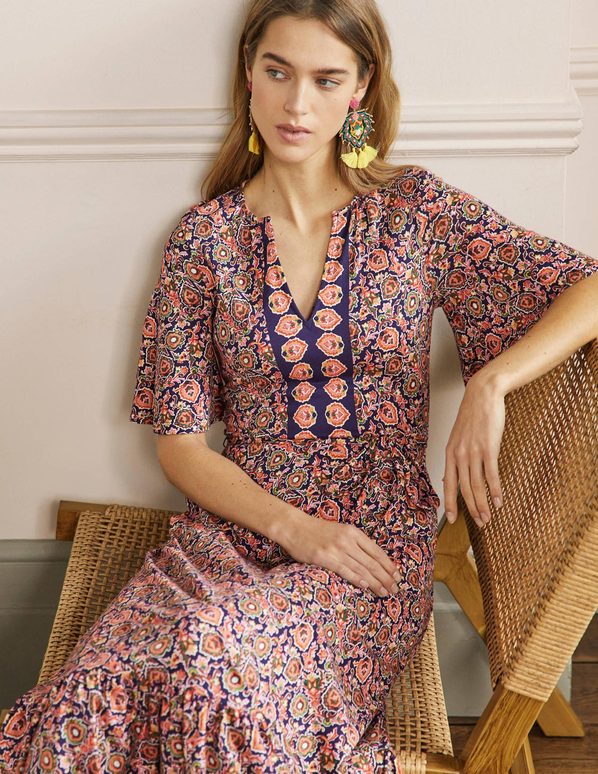 Notch Neck Jersey Maxi Dress-Midnight, Decorative Bloom - Image 4