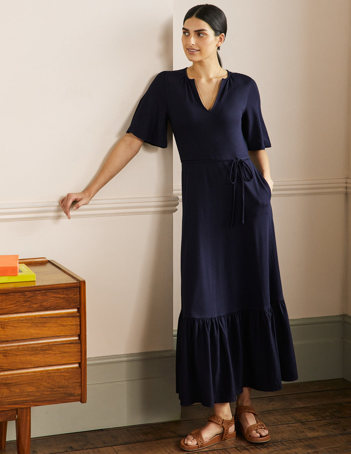 Notch Neck Jersey Maxi Dress-Navy-1