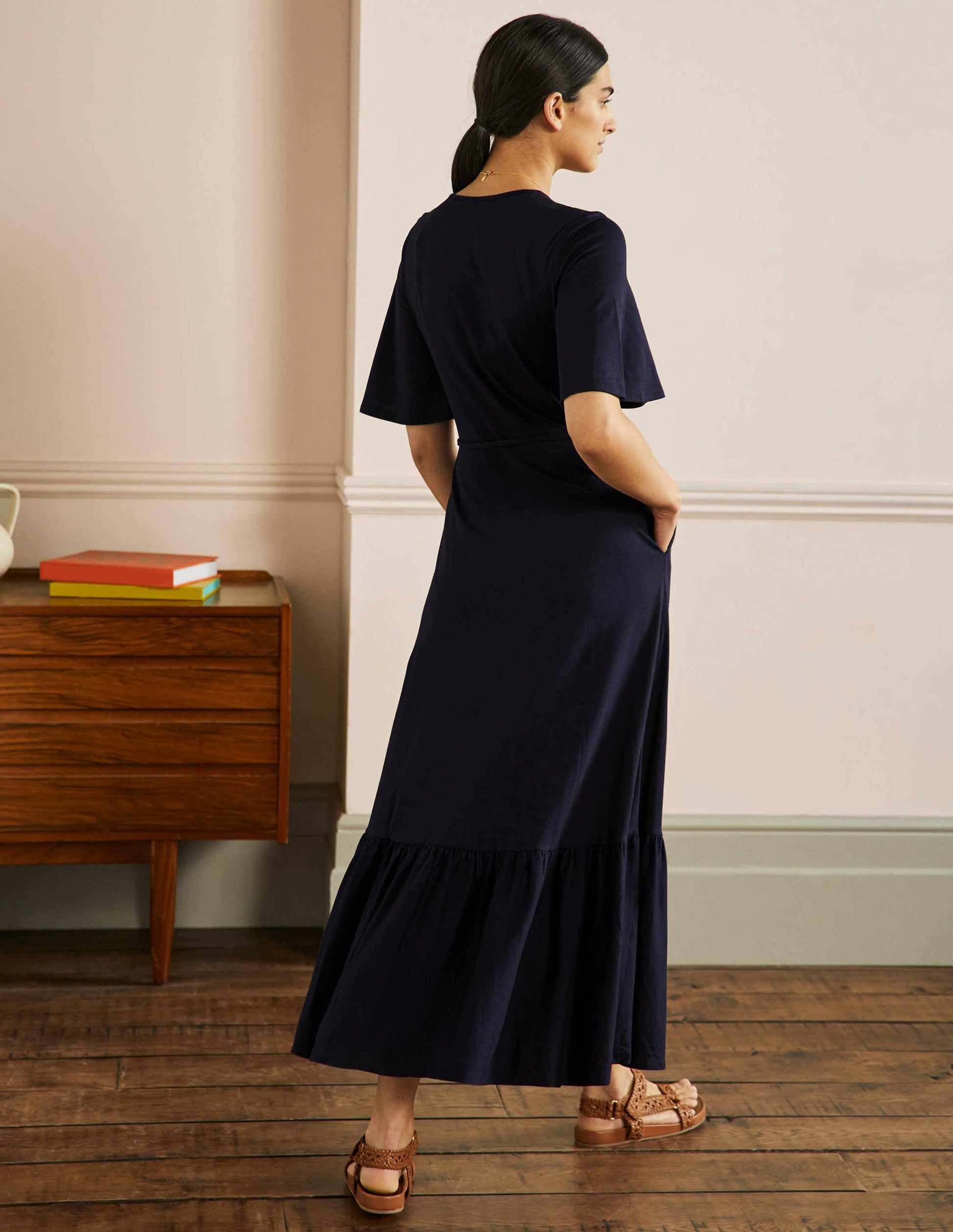 Notch Neck Jersey Maxi Dress-Navy-3