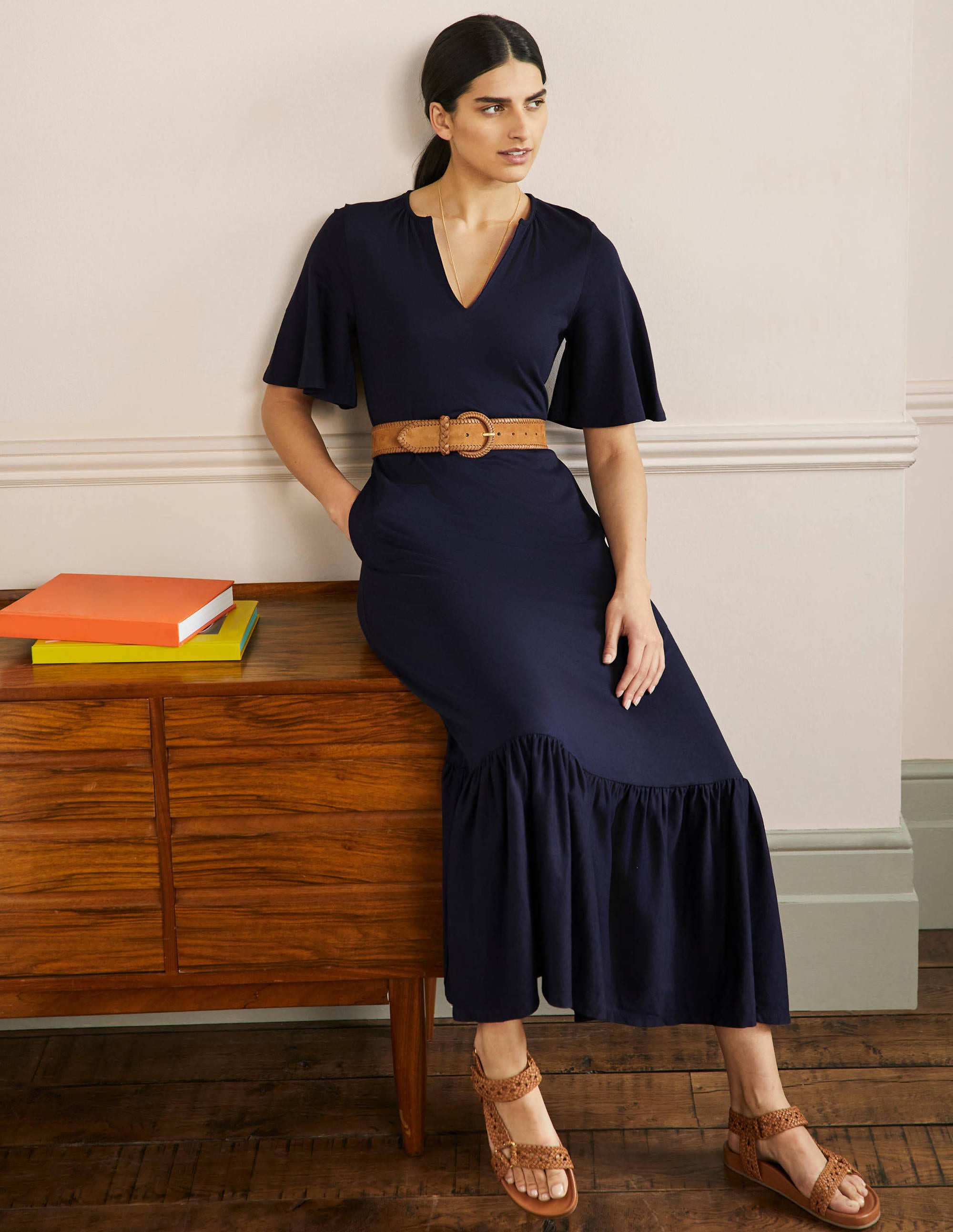 Notch Neck Jersey Maxi Dress-Navy - Image 5