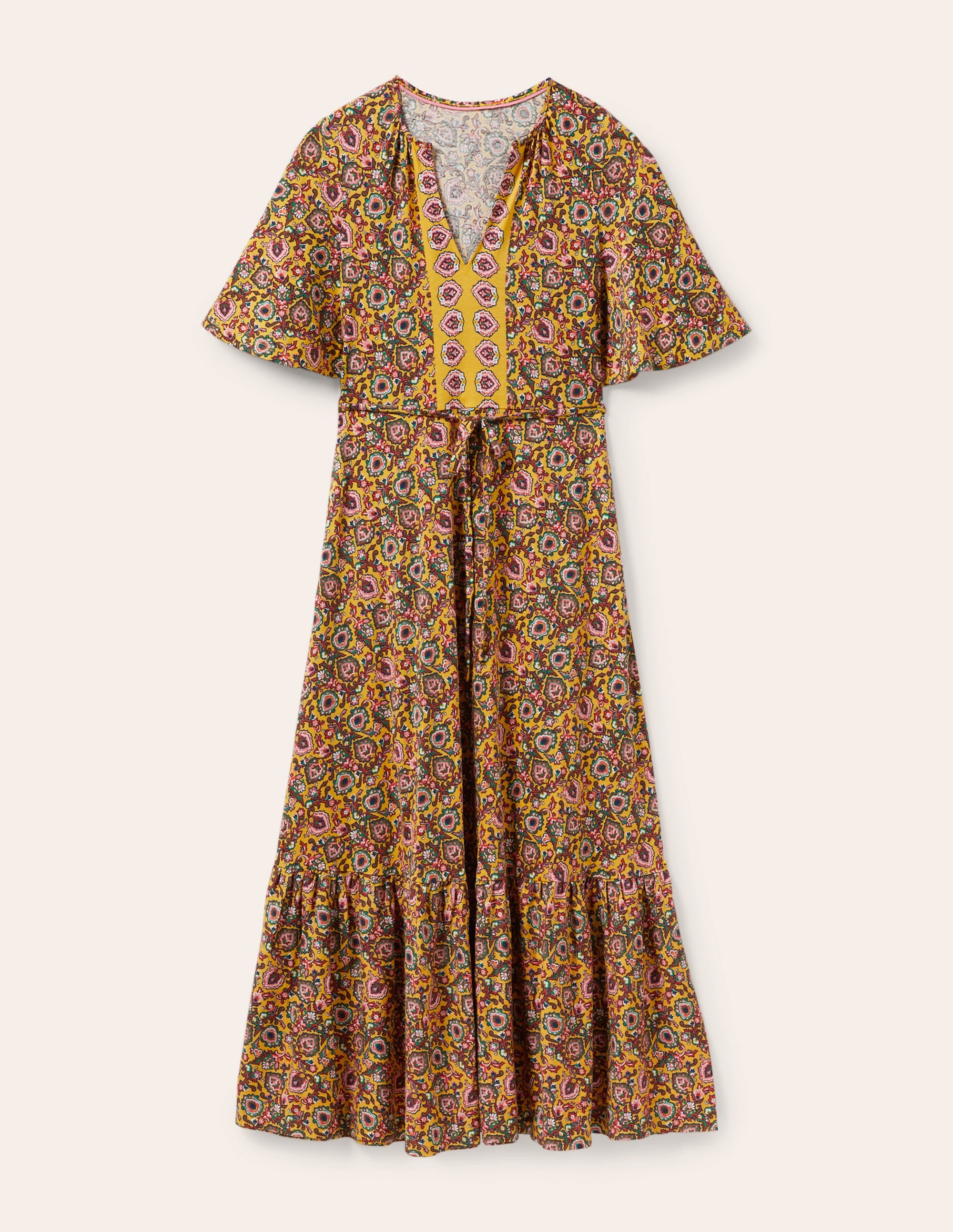 Notch Neck Jersey Maxi Dress-Honeycomb, Decorative Bloom - Image 5