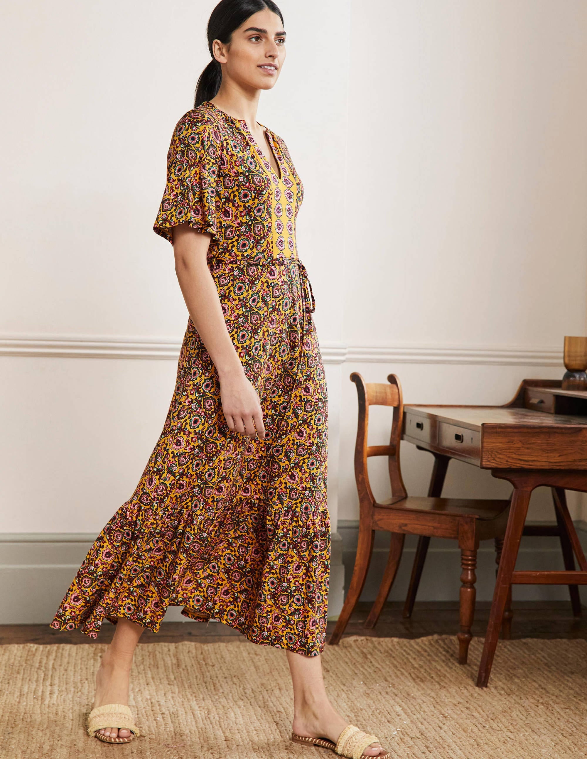 Notch Neck Jersey Maxi Dress-Honeycomb, Decorative Bloom - Image 1