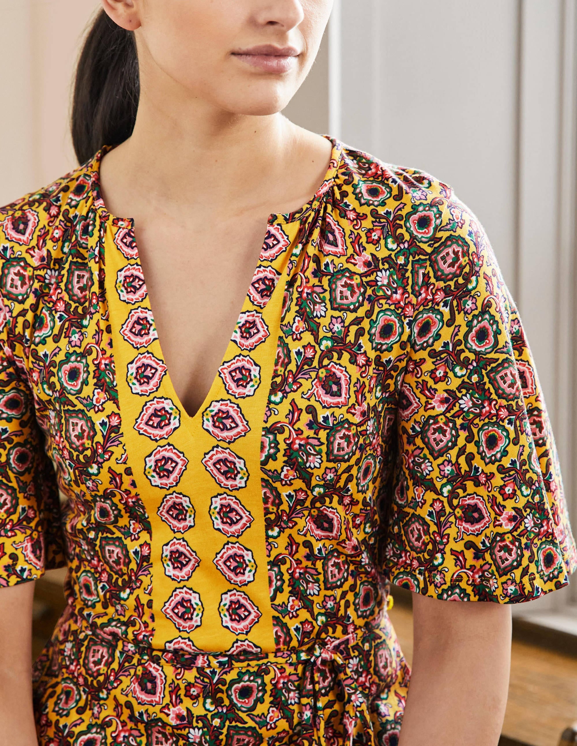 Notch Neck Jersey Maxi Dress-Honeycomb, Decorative Bloom - Image 2