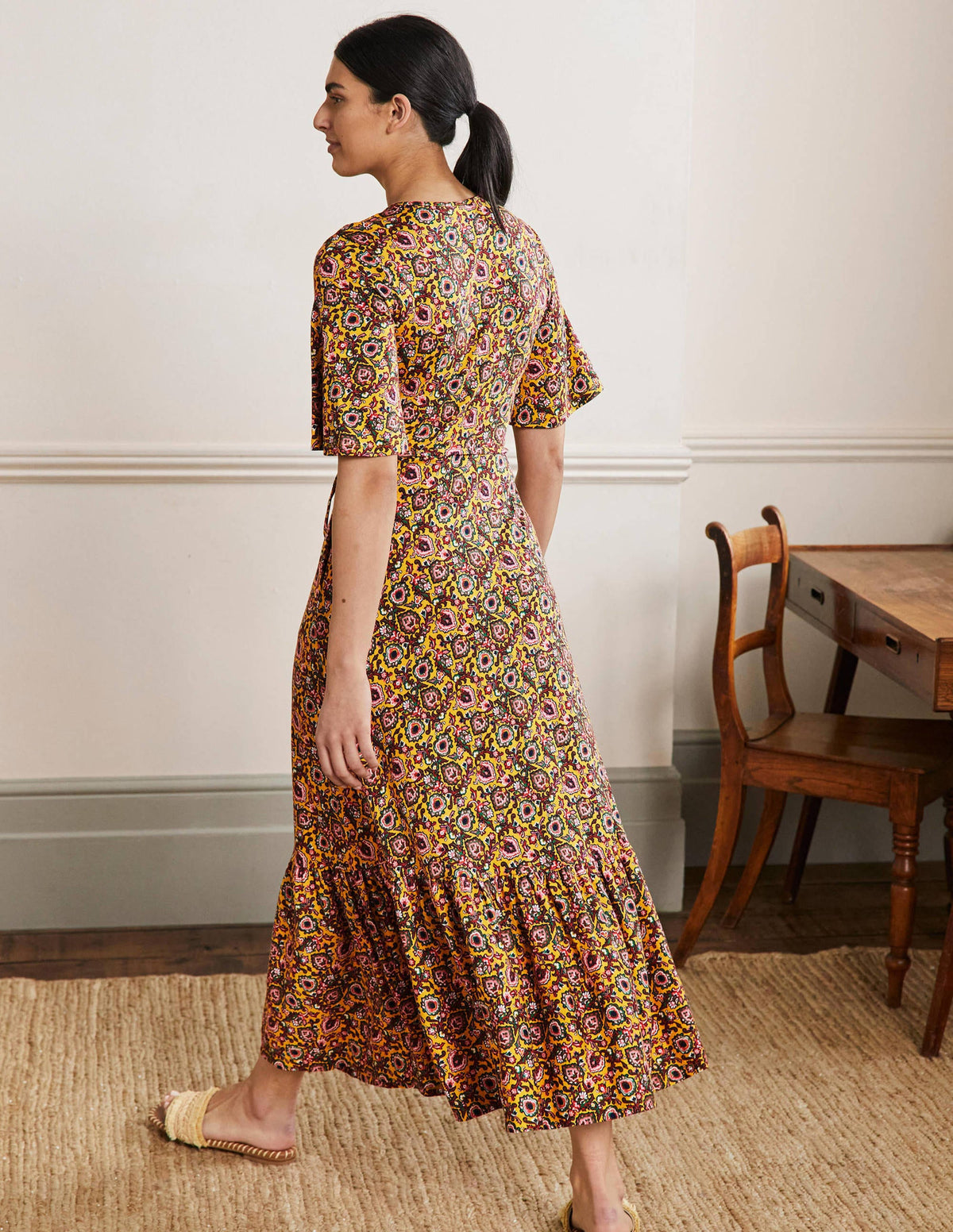 Notch Neck Jersey Maxi Dress-Honeycomb, Decorative Bloom-3