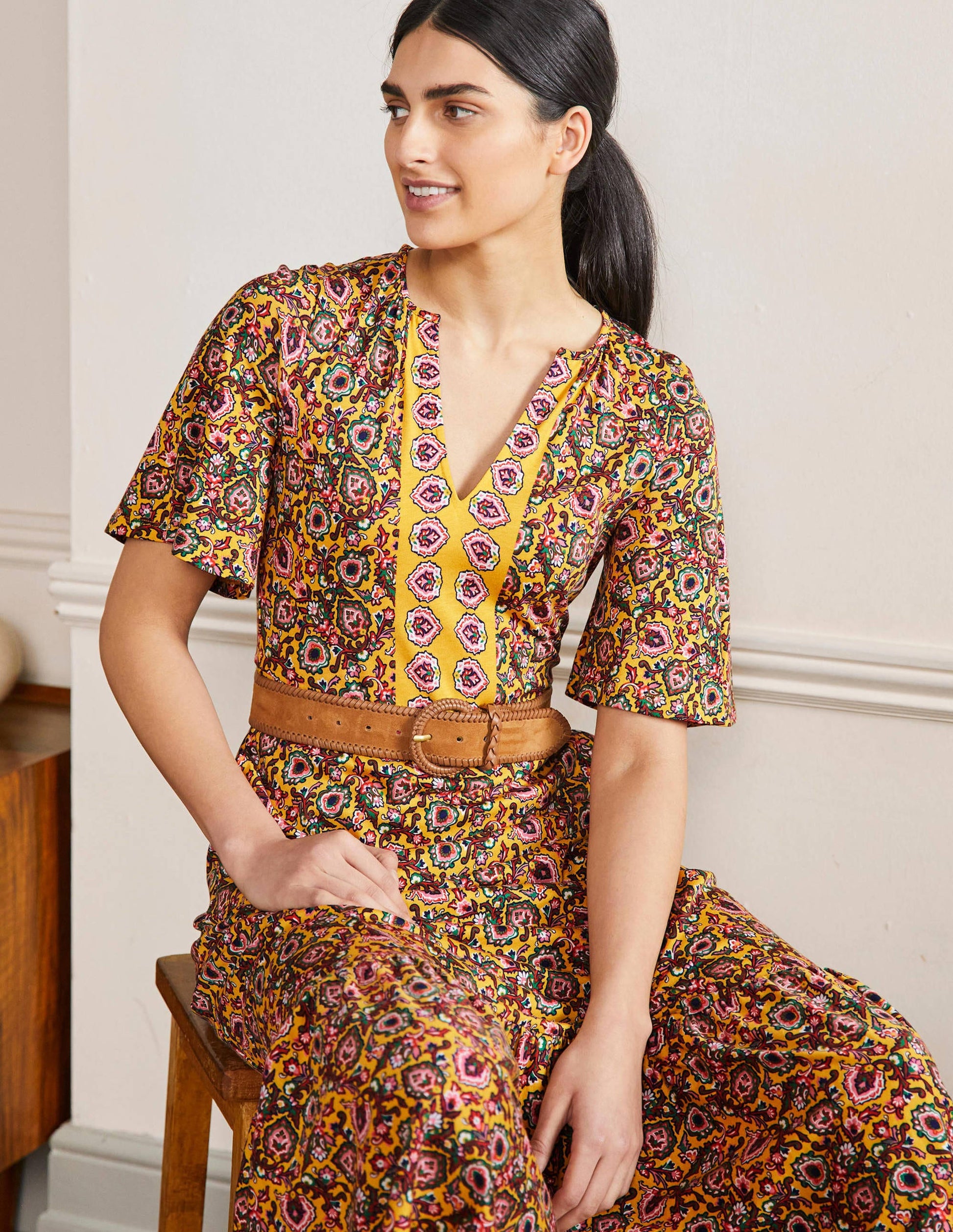 Notch Neck Jersey Maxi Dress-Honeycomb, Decorative Bloom-4