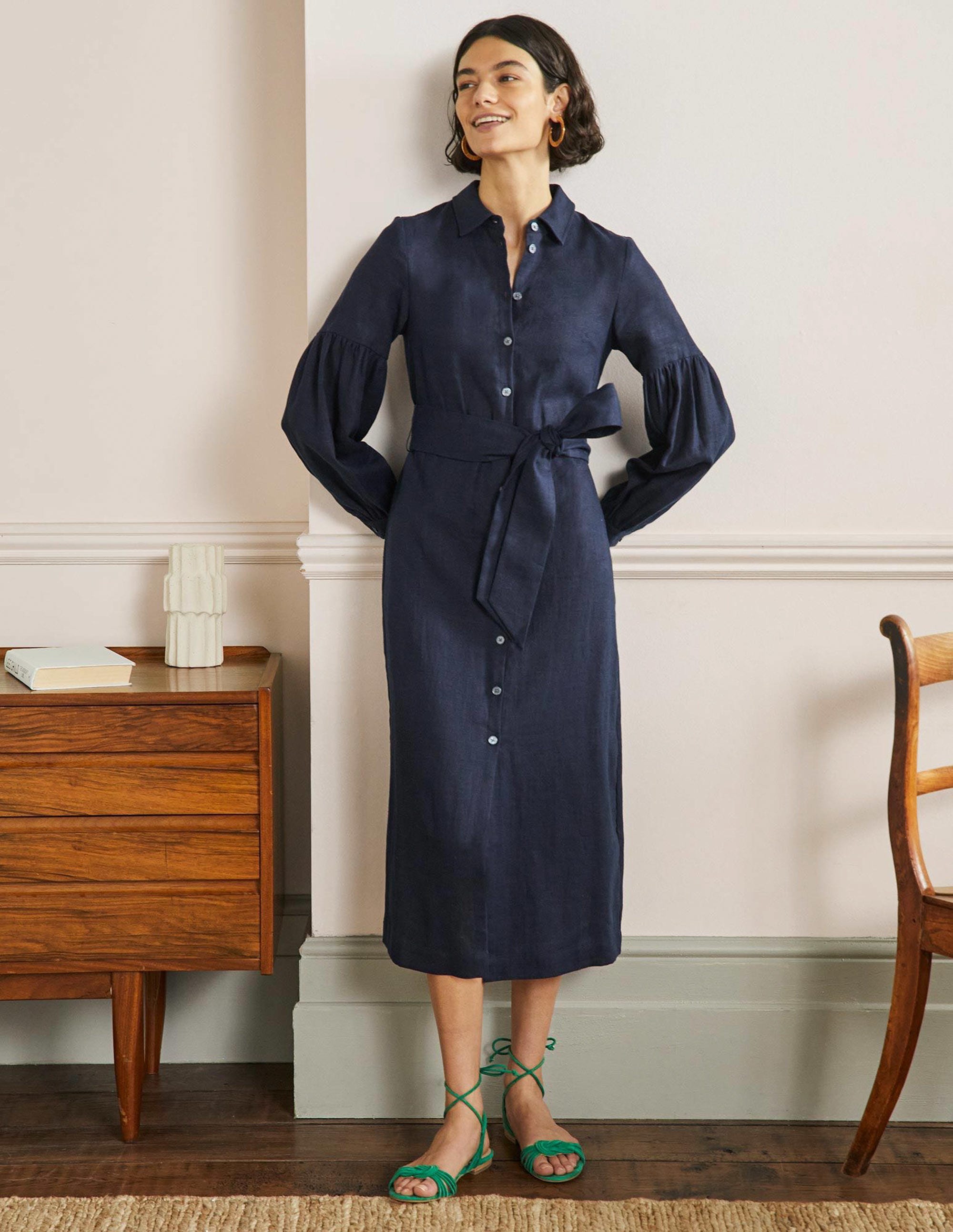 Sleeve Detail Midi Shirt Dress-Navy - Image 1